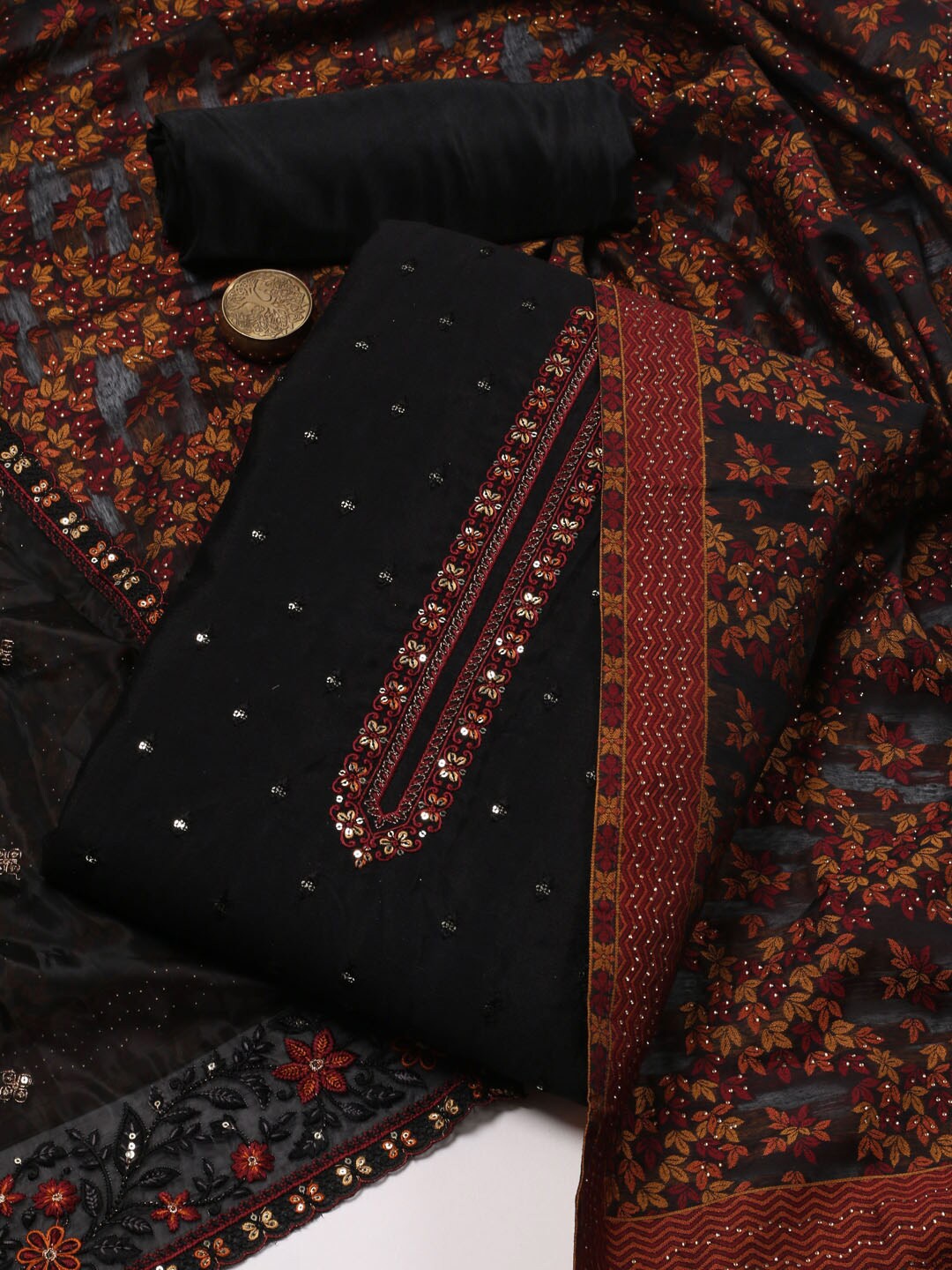 

Meena Bazaar Ethnic Motifs Embroidered Unstitched Dress Material, Black