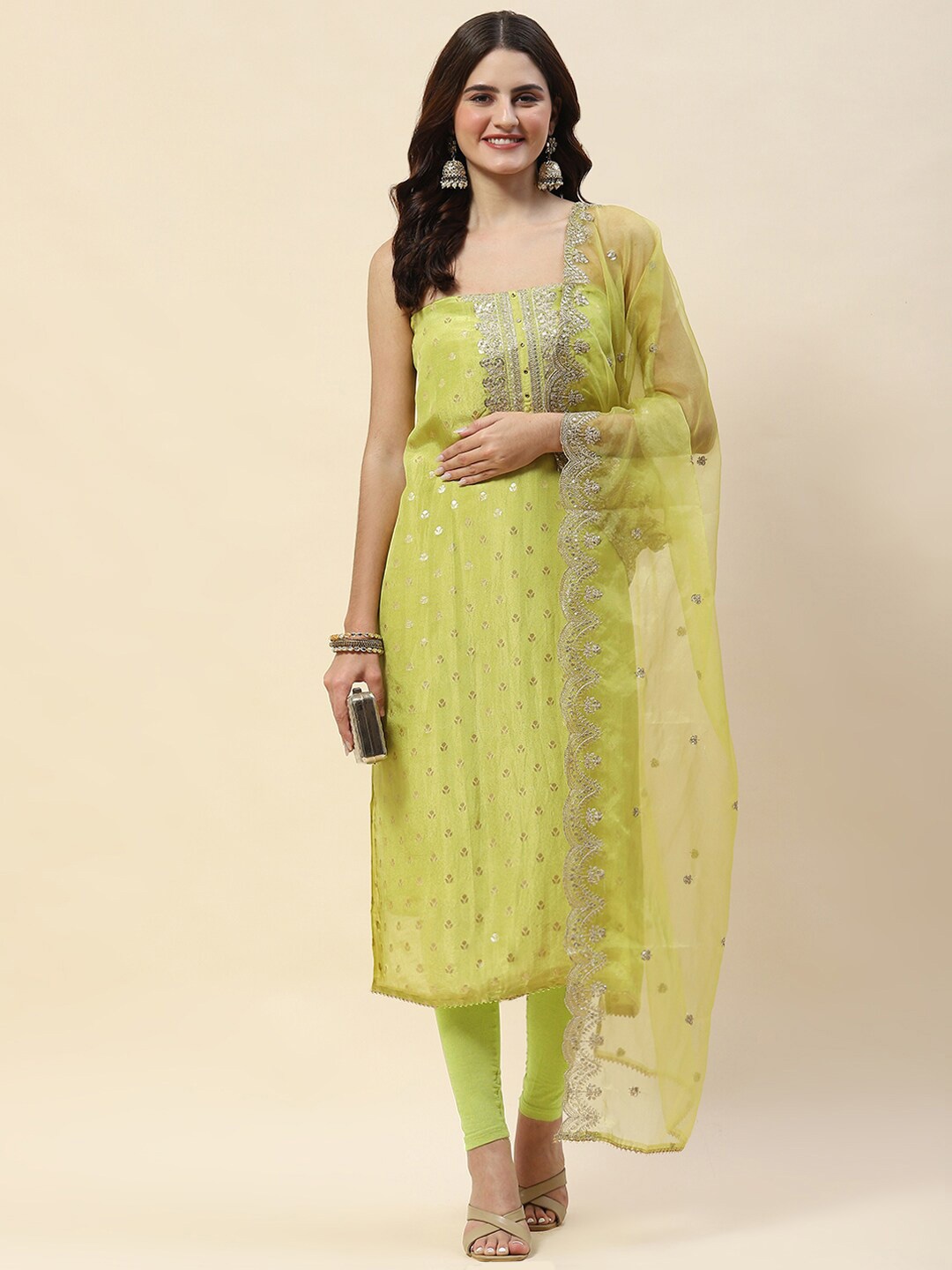 

Meena Bazaar Embroidered Art Silk Unstitched Dress Material, Green
