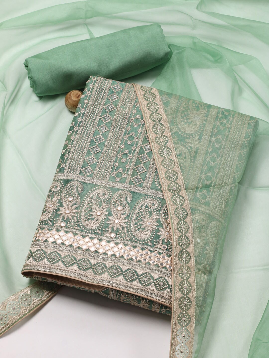 

Meena Bazaar Floral Embroidered Art Silk Unstitched Dress Material, Green