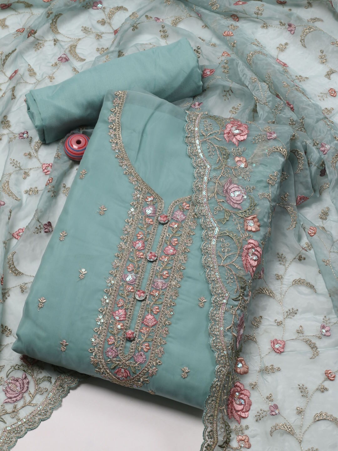 

Meena Bazaar Ethnic Motifs Embroidered Unstitched Dress Material, Sea green