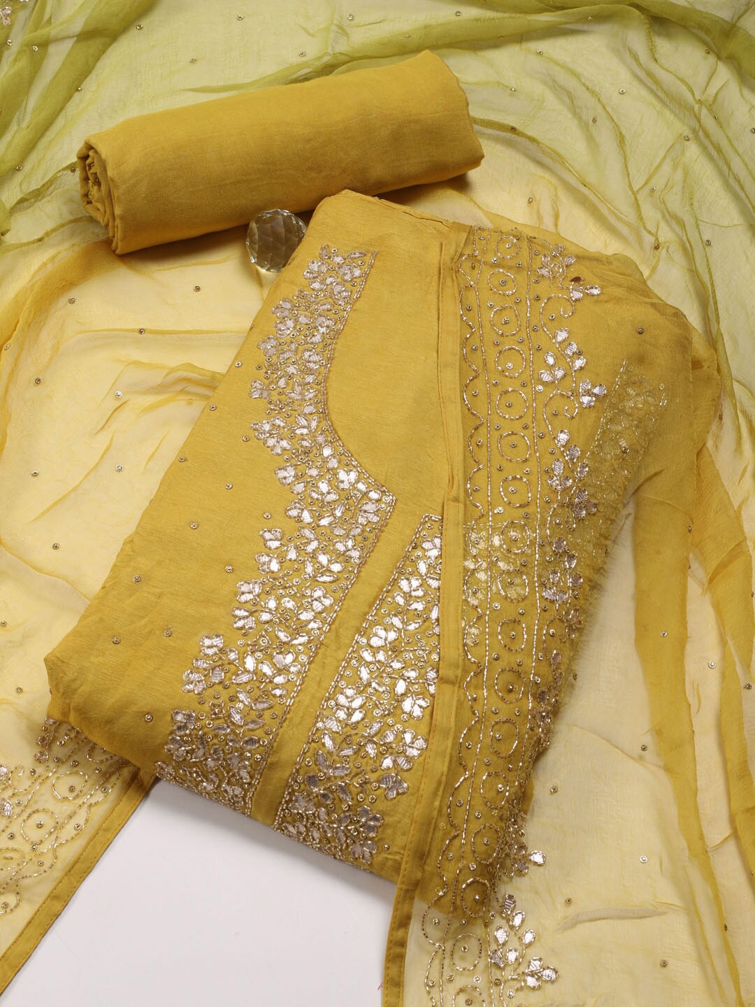 

Meena Bazaar Embellished Art Silk Unstitched Dress Material, Yellow