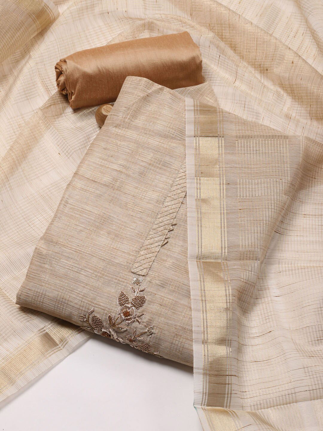

Meena Bazaar Floral Embroidered Zardozi Cotton Unstitched Dress Material, Beige