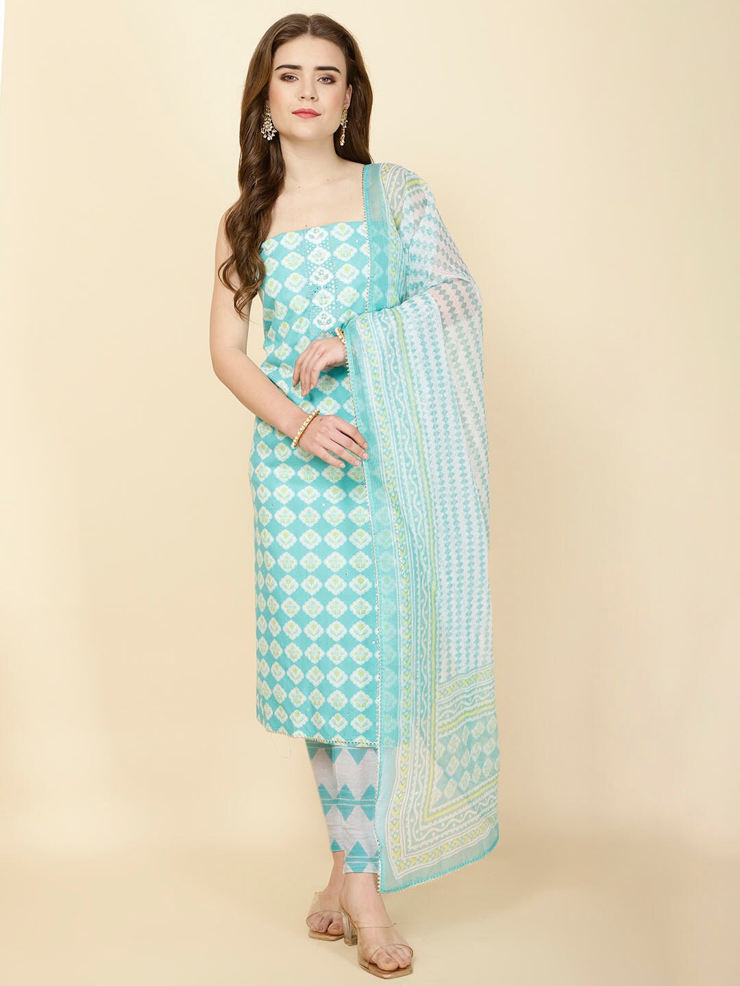 

Meena Bazaar Floral Printed Mirror Work Unstitched Dress Material, Blue