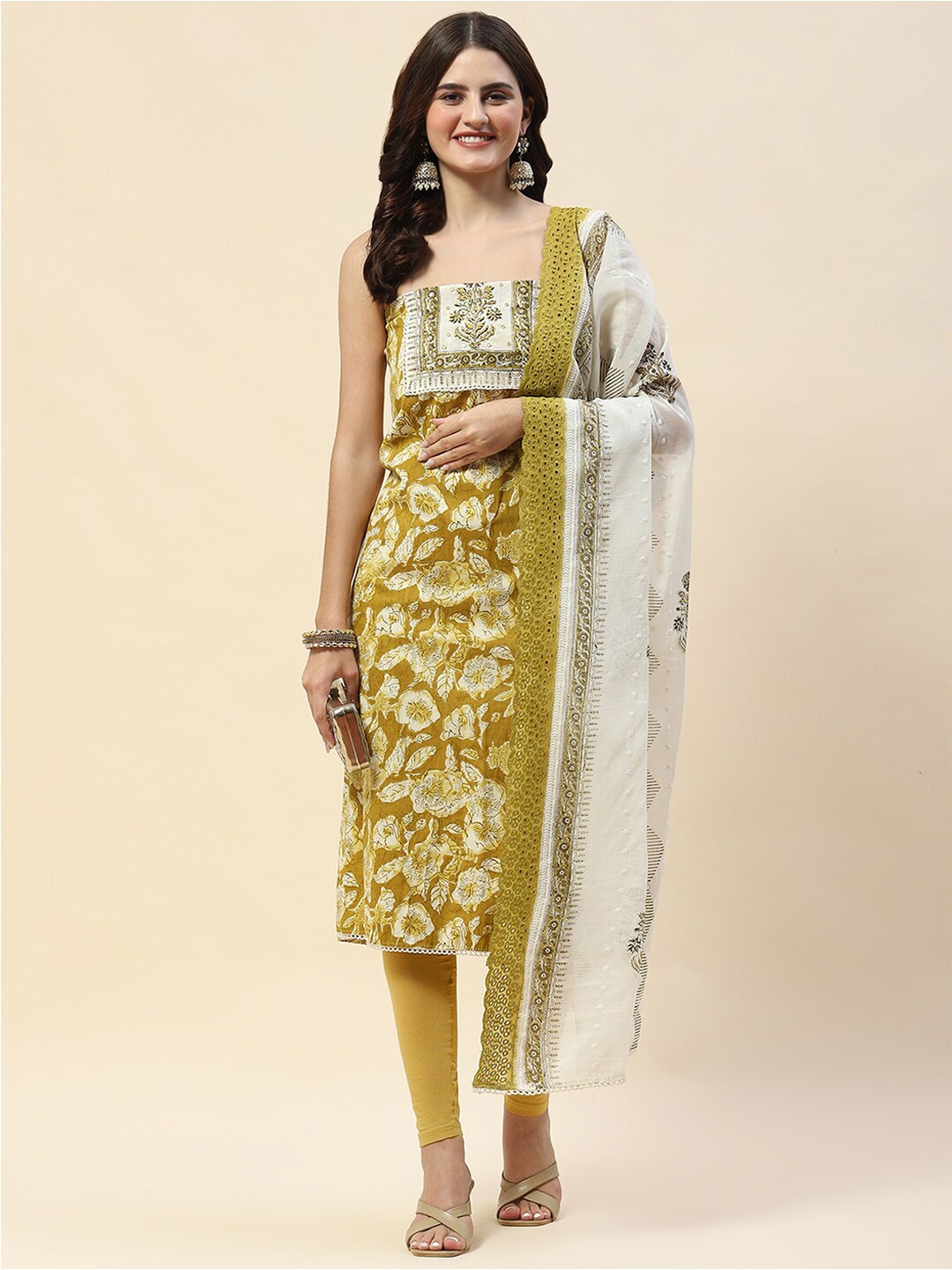 

Meena Bazaar Ethnic Motifs Printed Unstitched Dress Material, Green