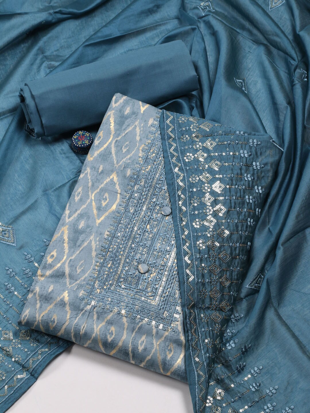 

Meena Bazaar Ethnic Motifs Printed Unstitched Dress Material, Blue