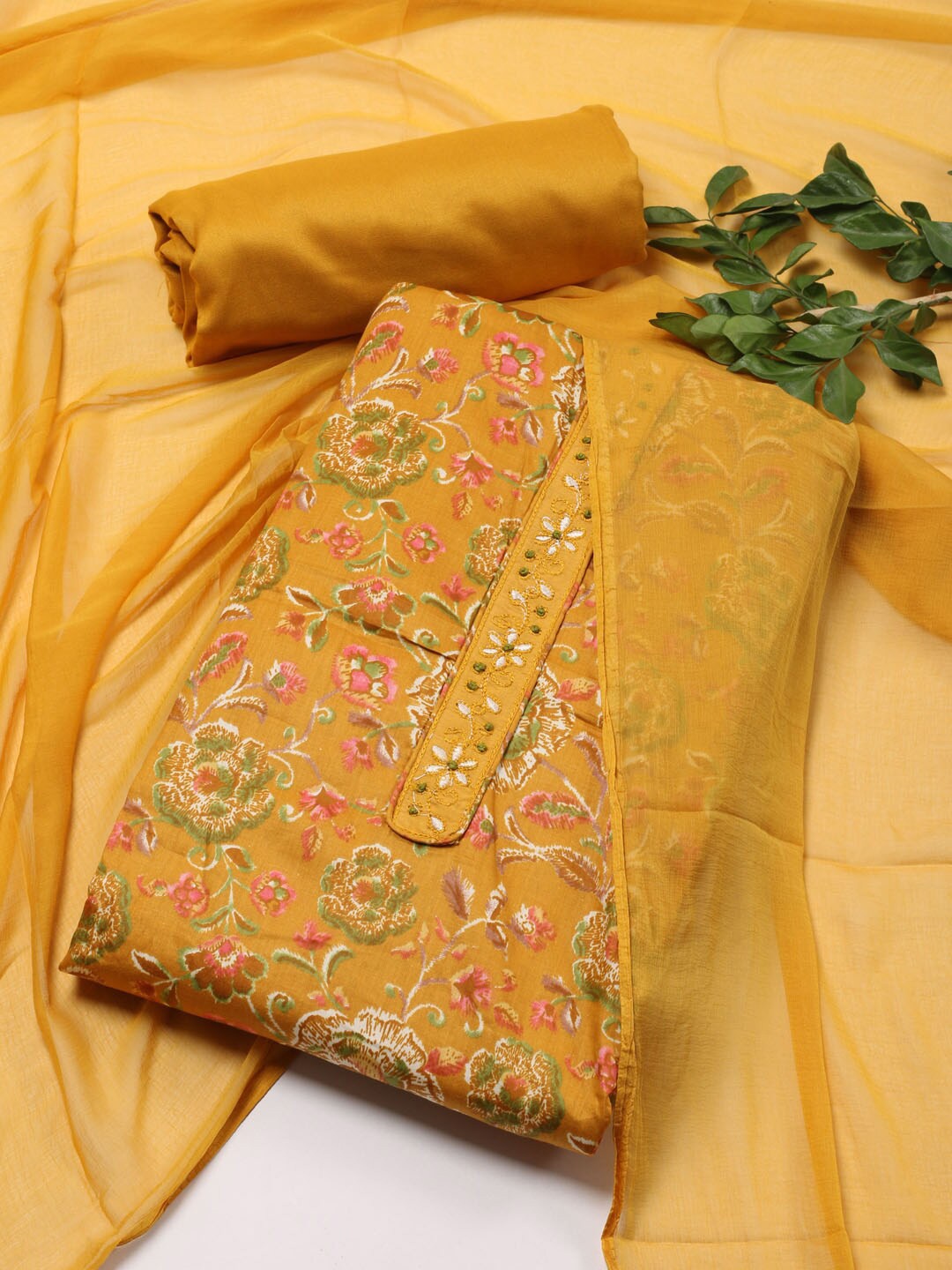

Meena Bazaar Floral Printed Unstitched Dress Material, Mustard