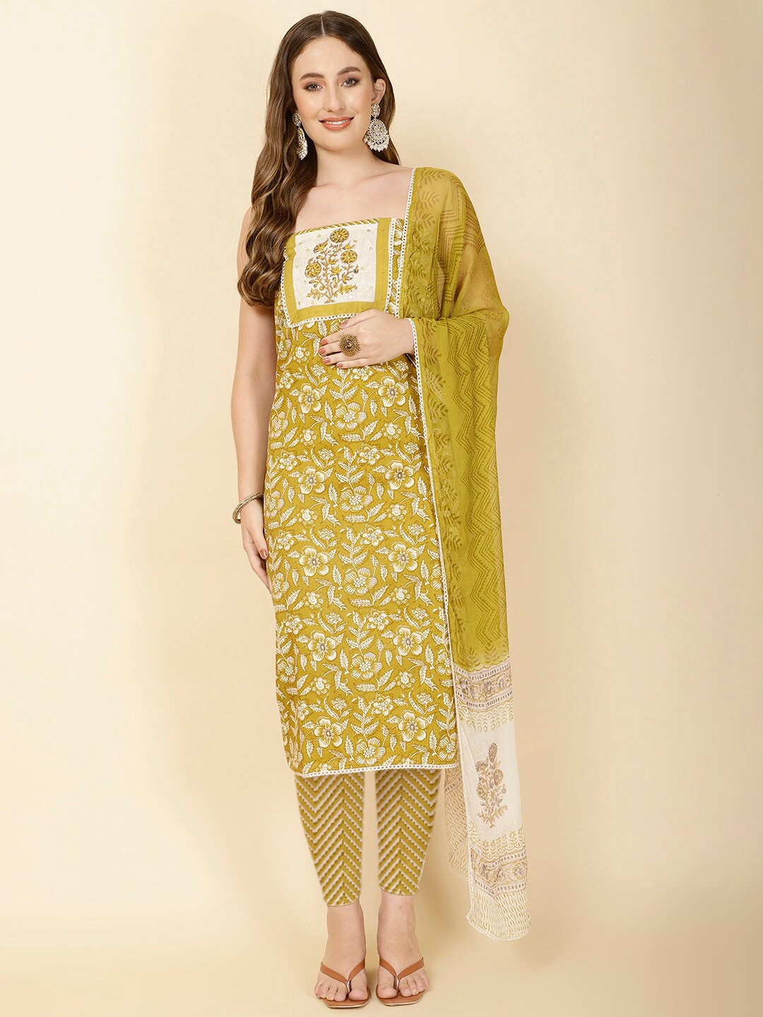 

Meena Bazaar Floral Printed Mirror Work Unstitched Dress Material, Mustard