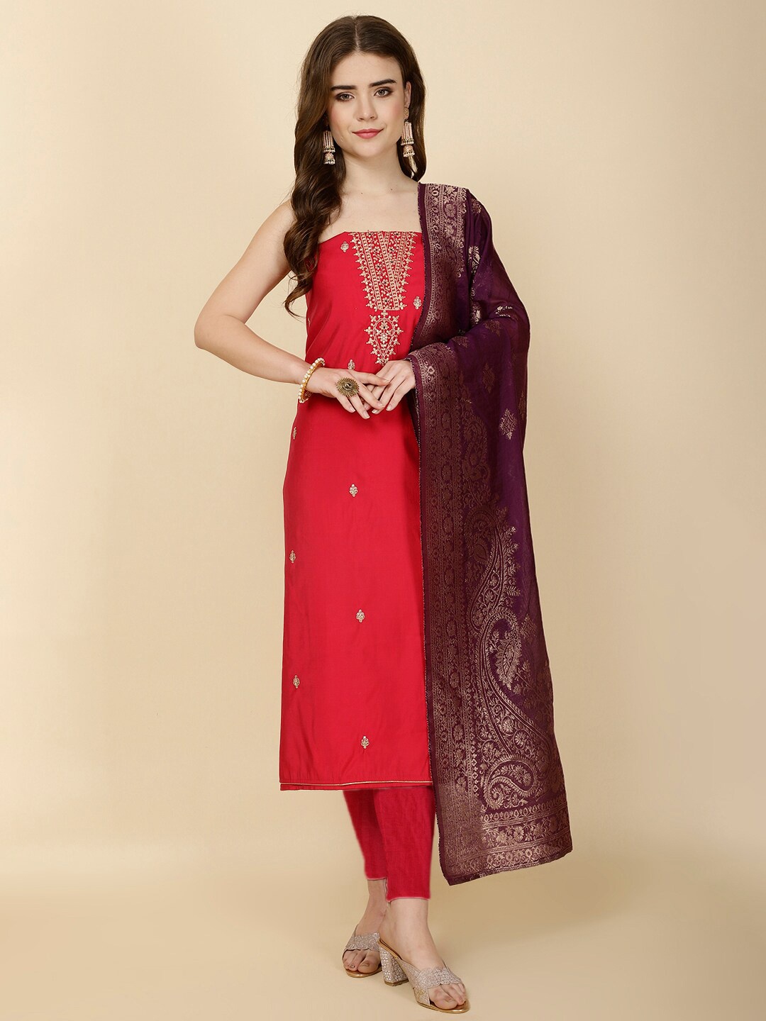 

Meena Bazaar Embroidered Art Silk Unstitched Dress Material, Pink