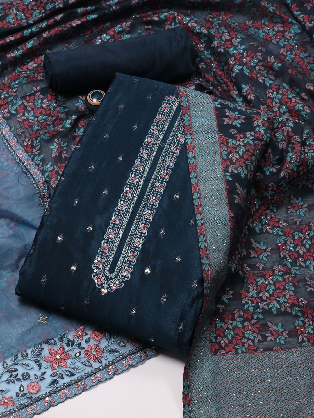 

Meena Bazaar Floral Embroidered Unstitched Dress Material, Blue