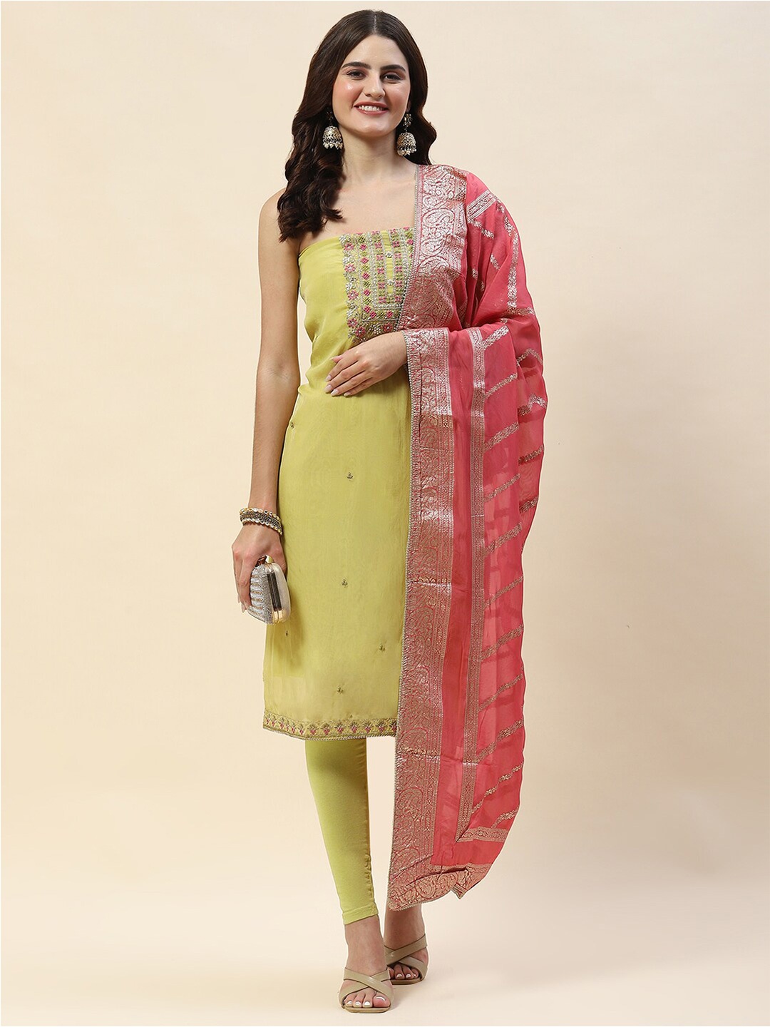 

Meena Bazaar Floral Embroidered Organza Unstitched Dress Material, Green