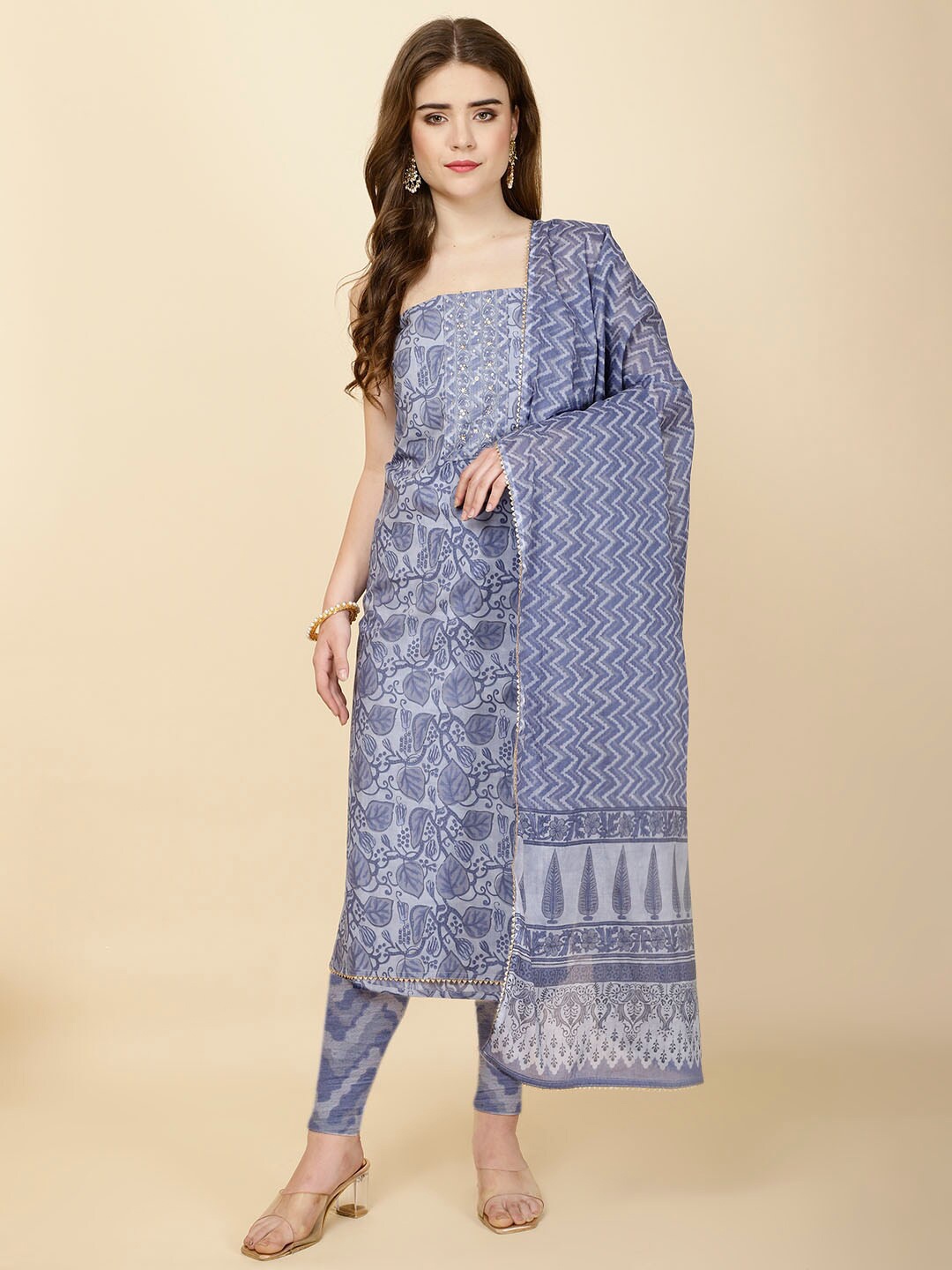 

Meena Bazaar Floral Printed Unstitched Dress Material, Blue