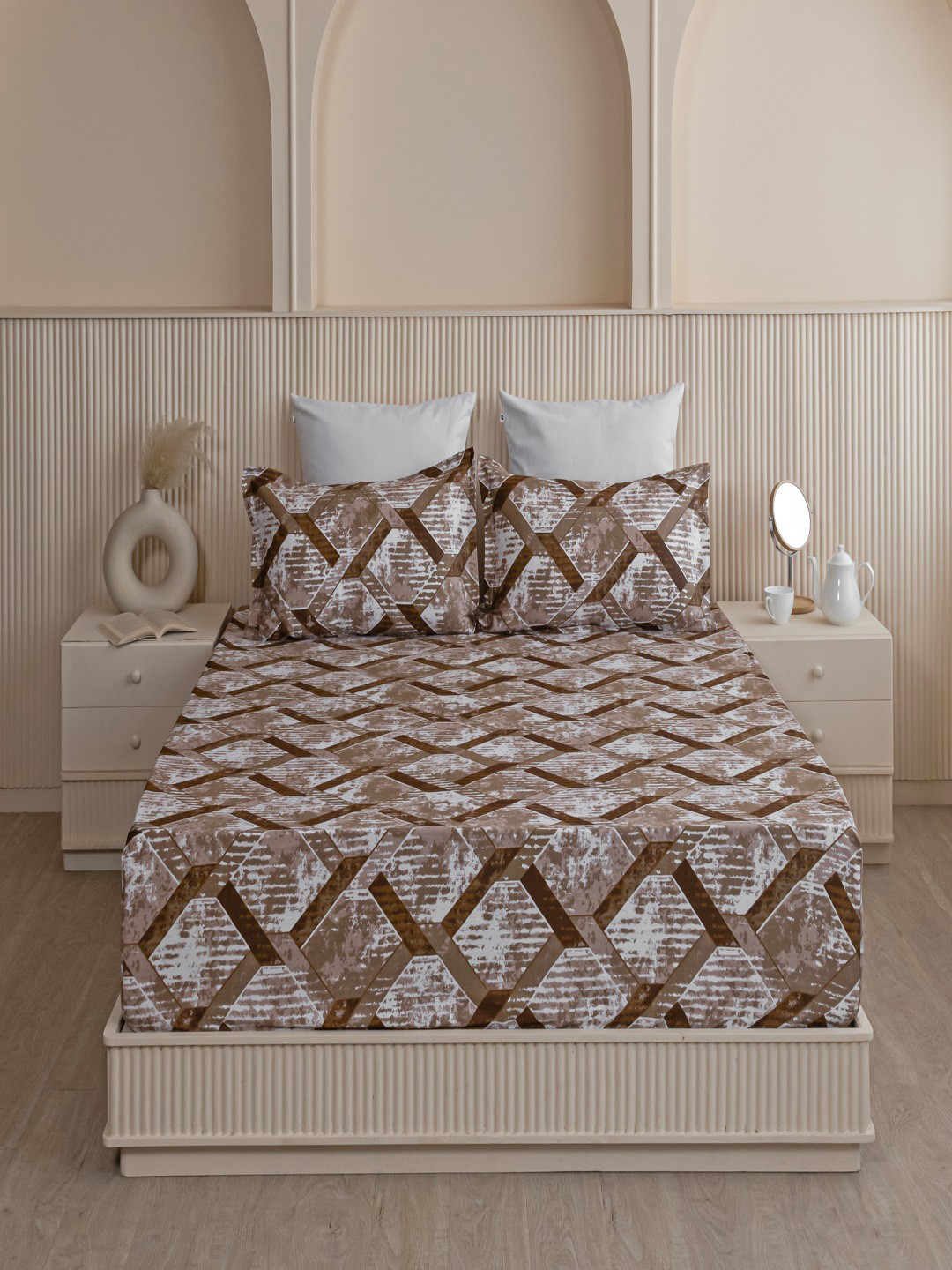 

HOMEMONDE Camel Brown Printed Cotton 210 TC Fitted Single Bedsheet with 1 Pillow Cover