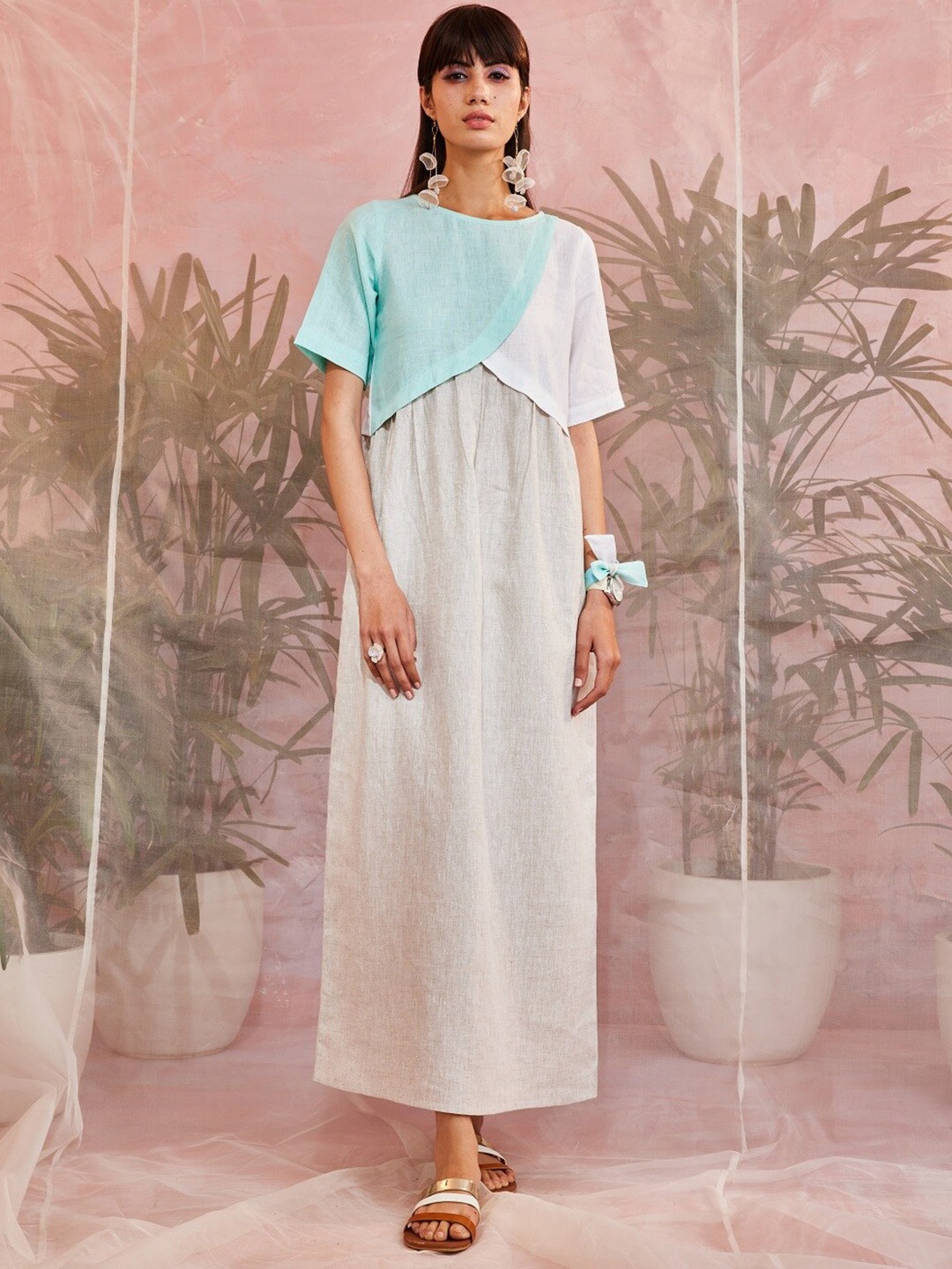 

charkhee Contrast Flap Detail Linen A-Line Maxi Dress, Beige