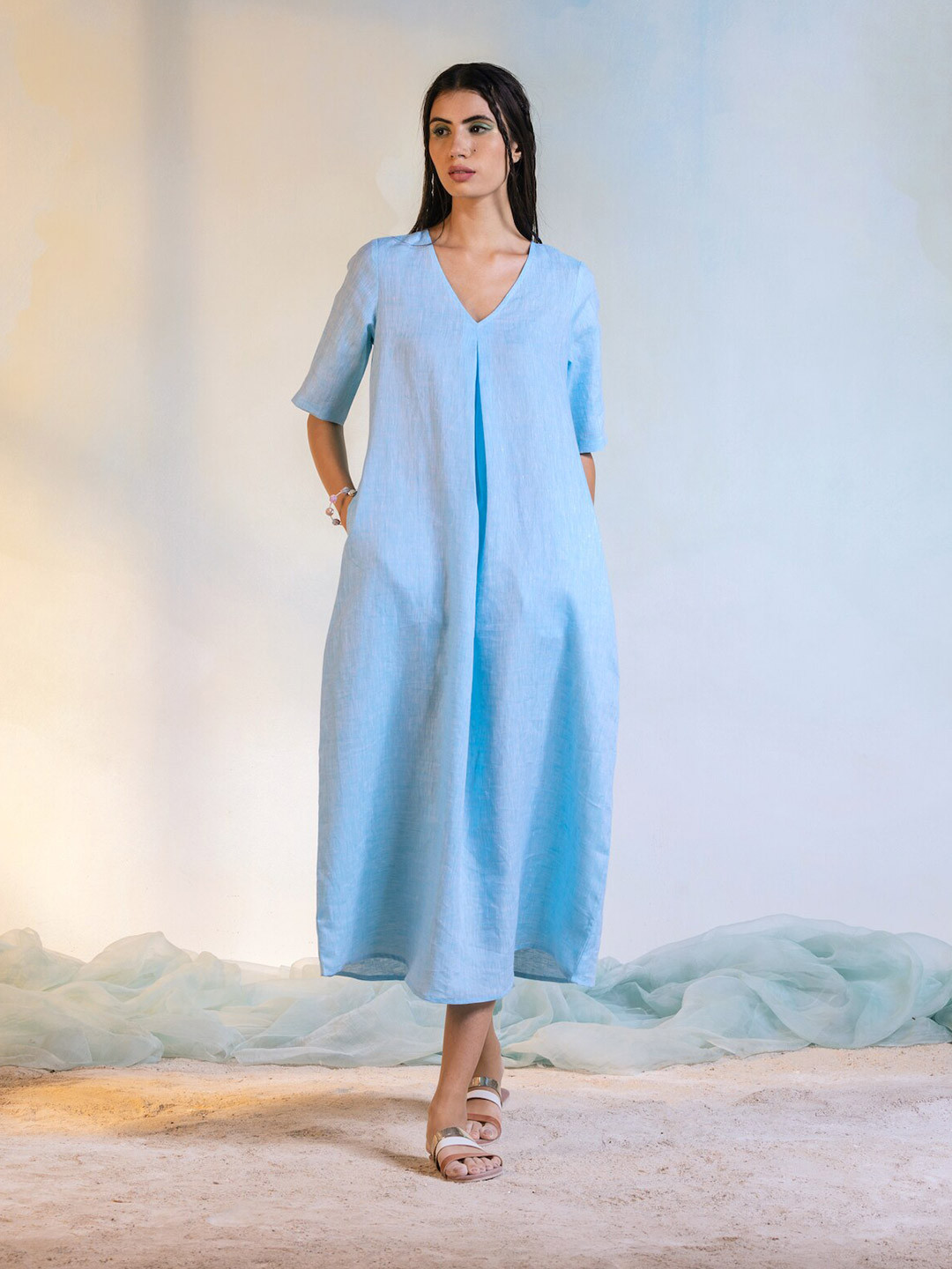 

charkhee Pleated Linen A-Line Maxi Dress, Blue