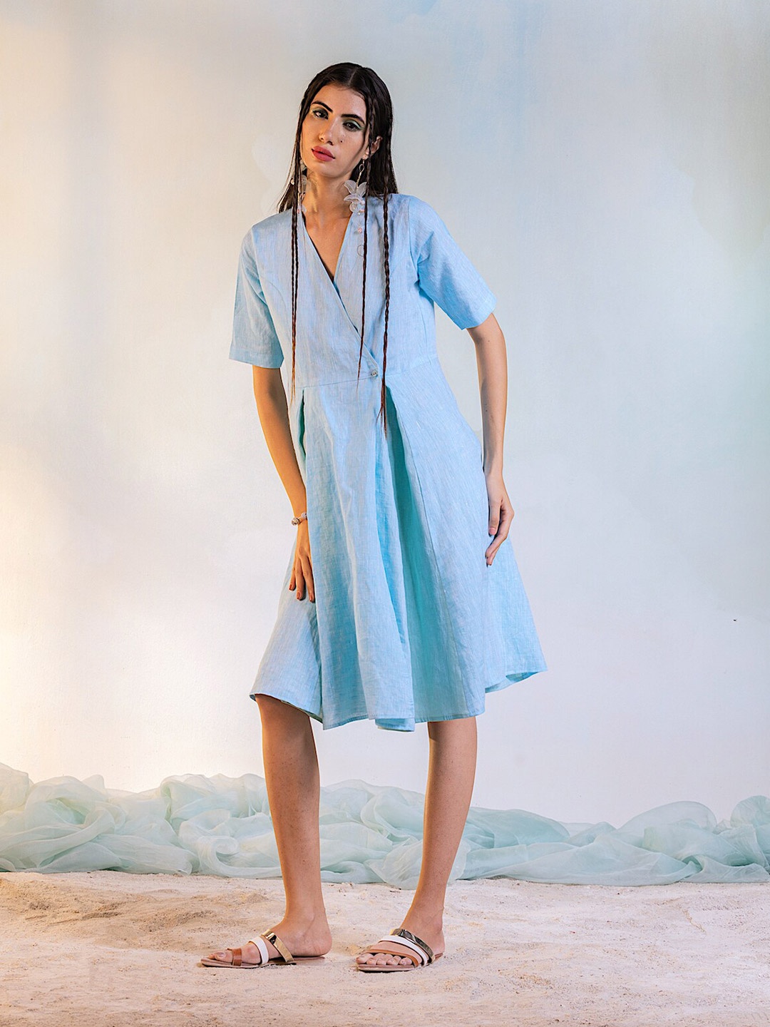 

charkhee V-Neck Linen Wrap Dress, Blue