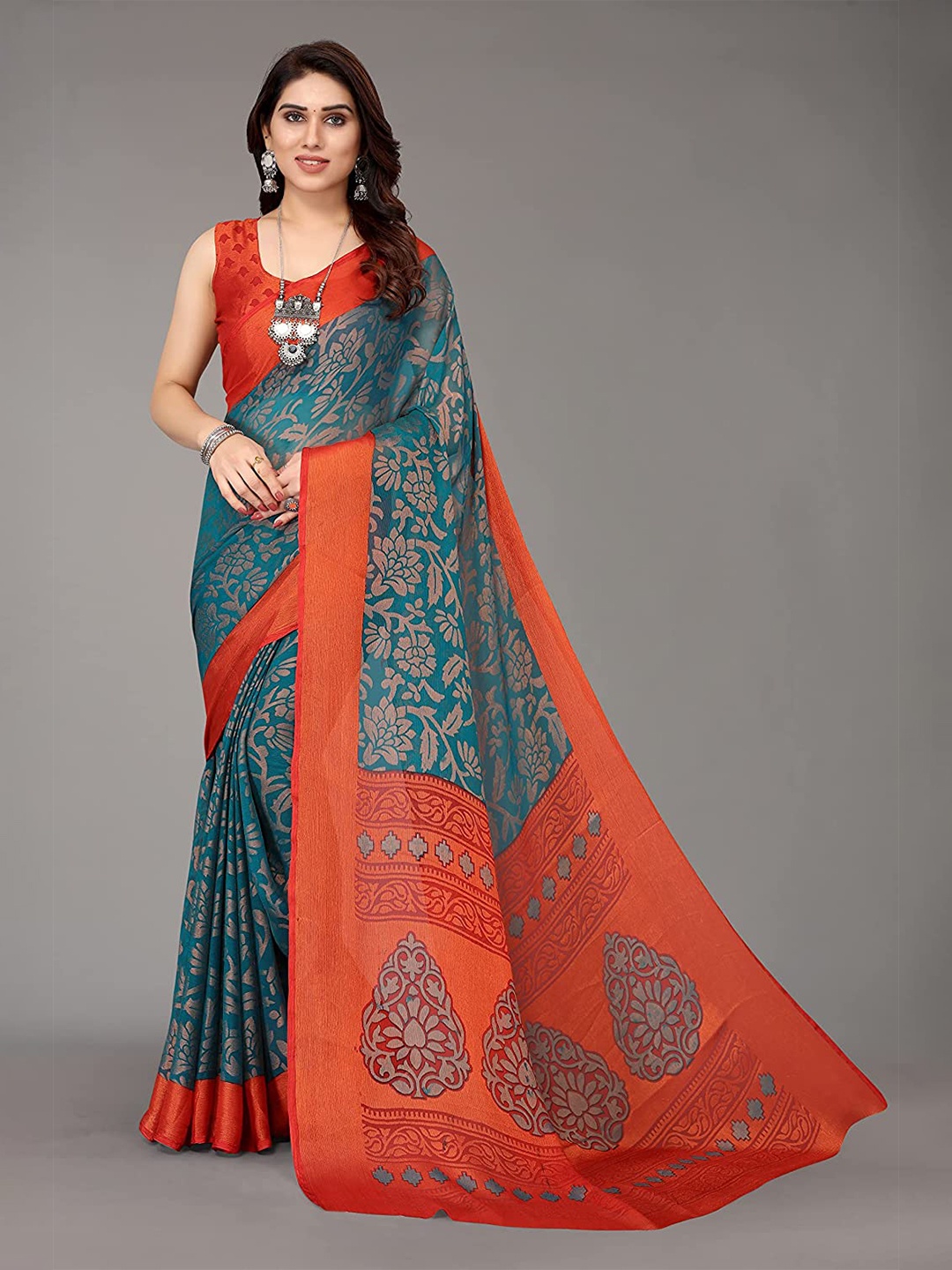 

SANJANA SILK Ethnic Motifs Brasso Saree, Turquoise blue