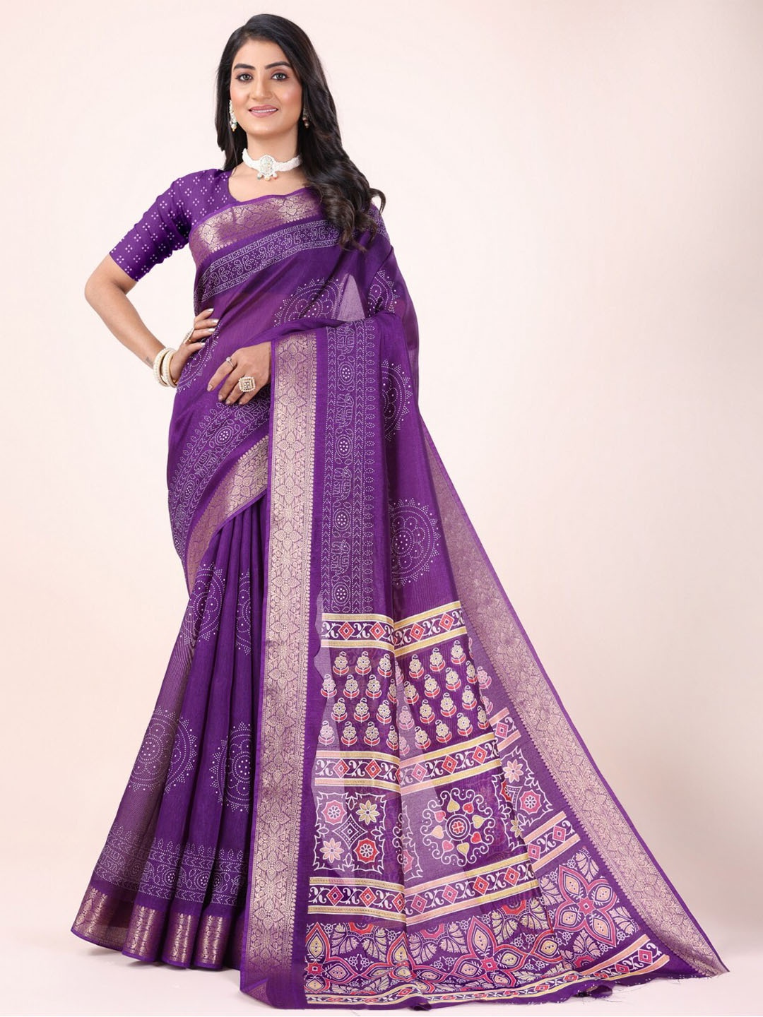 

SANJANA SILK Ethnic Motifs Zari Chanderi Saree, Violet