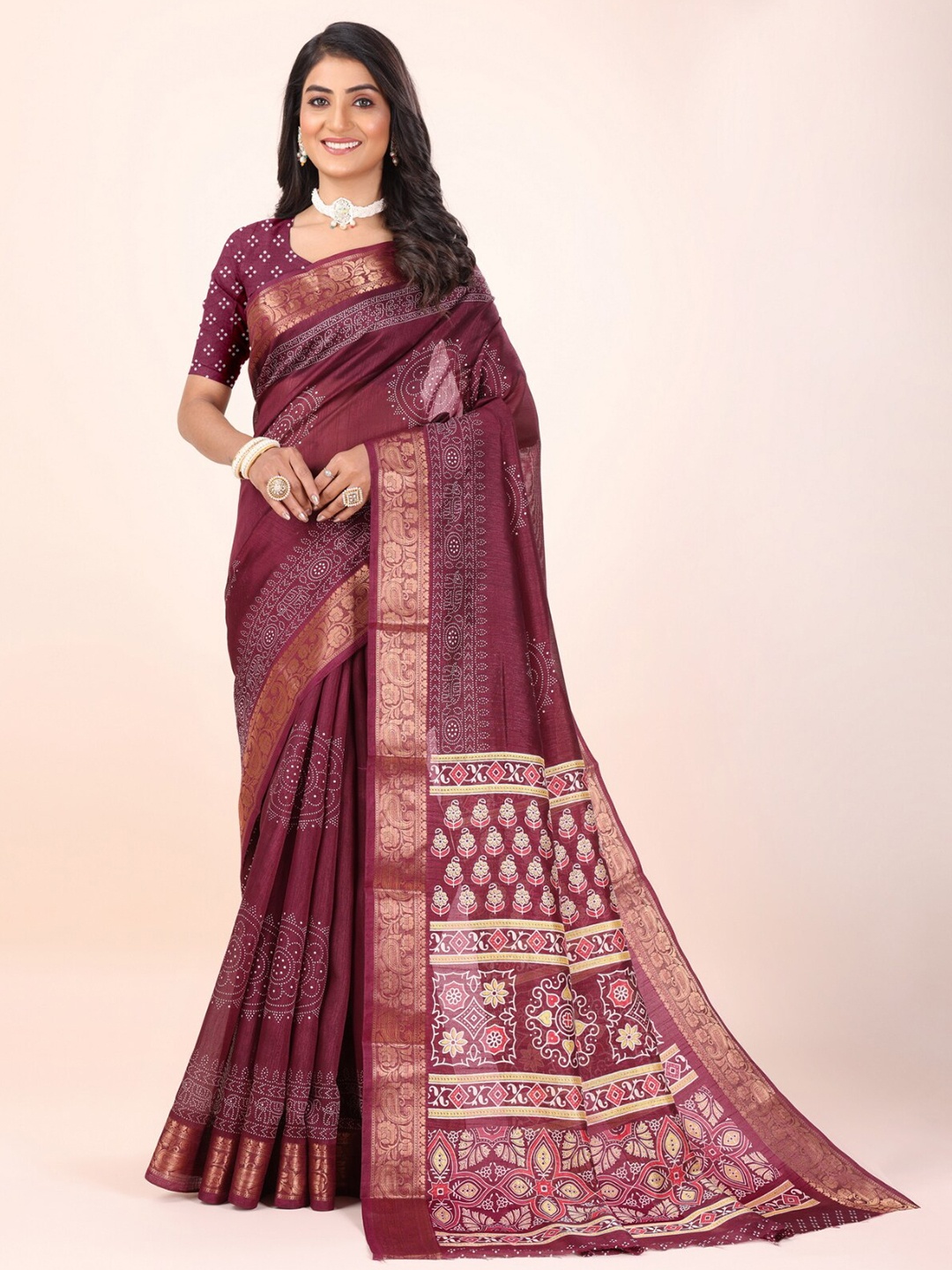 

SANJANA SILK Ethnic Motifs Chanderi Saree, Maroon