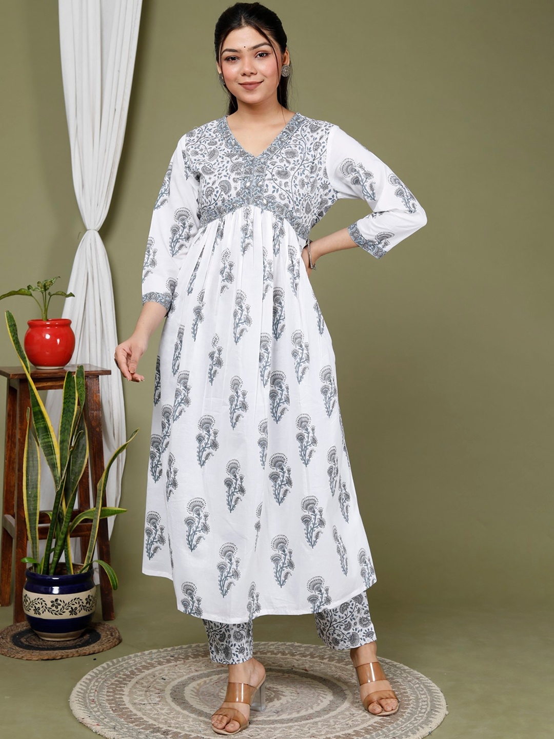 

KALINI Floral Printed Empire Sequinned Pure Cotton Kurta With Trousers & Dupatta, Grey