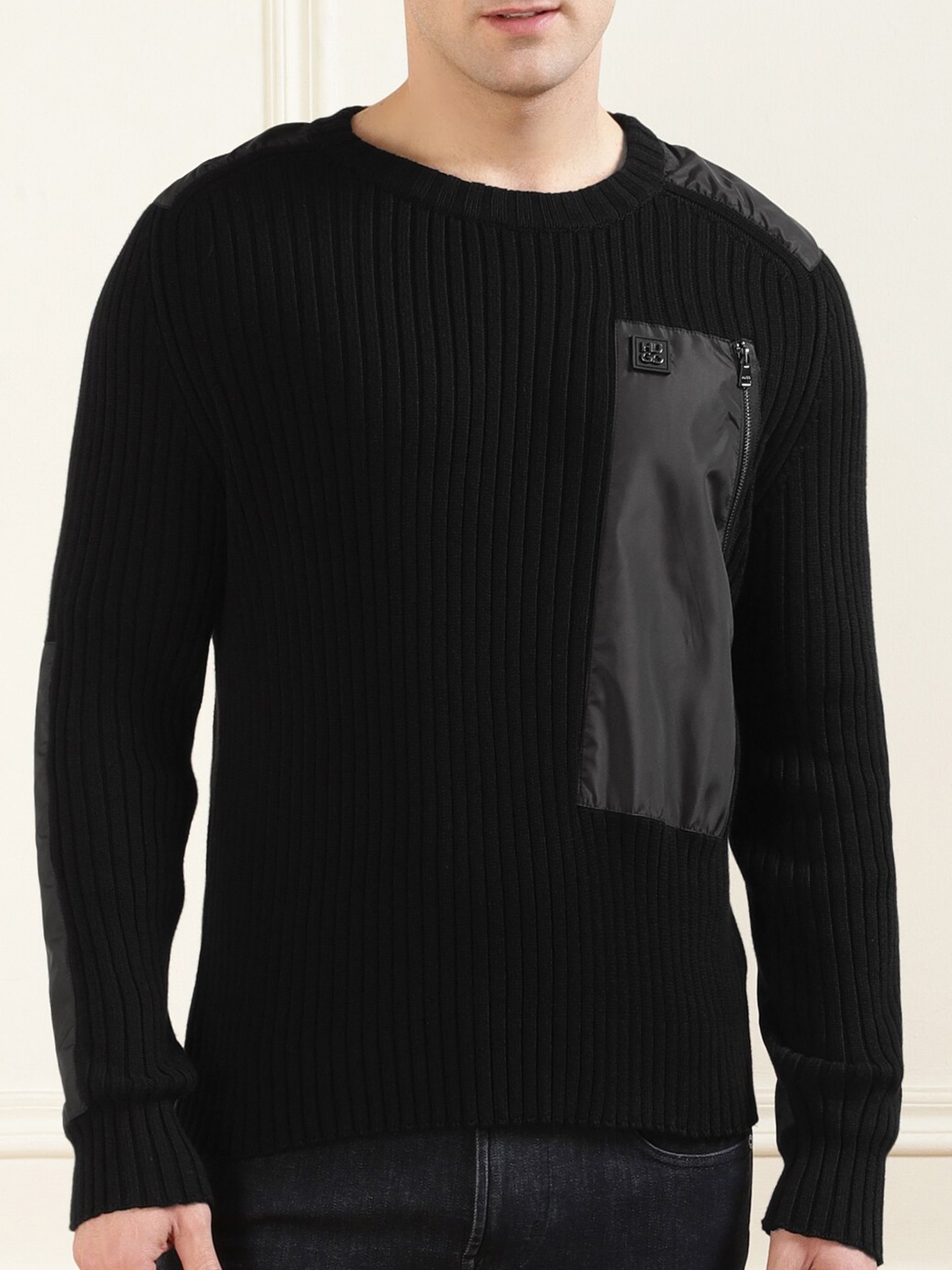 

HUGO Striped Pullover with Zip Detail, Black