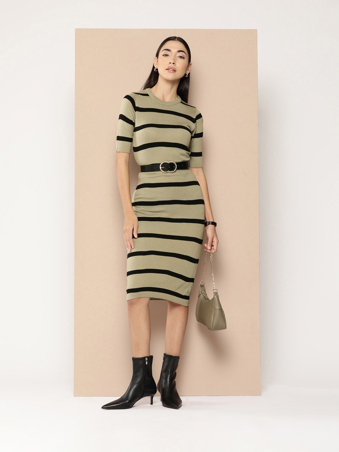 

Chemistry Pure Acrylic Striped Midi Winter Dress, Olive