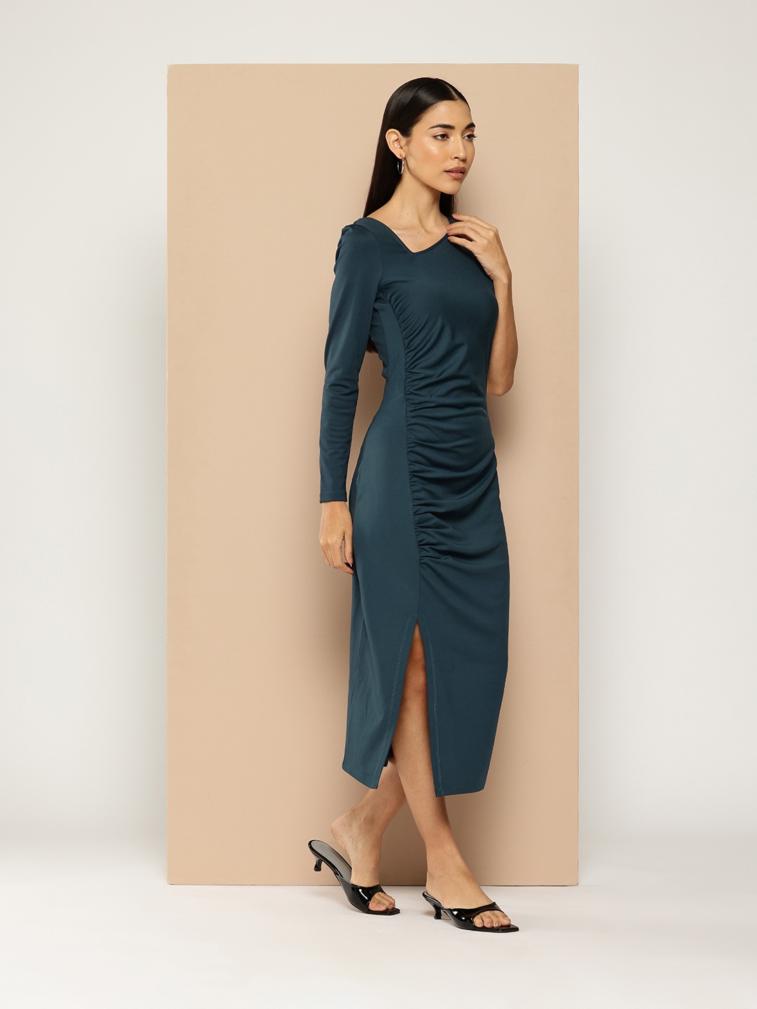 Chemistry One Shoulder Ruched Sheath Midi Dress, Teal