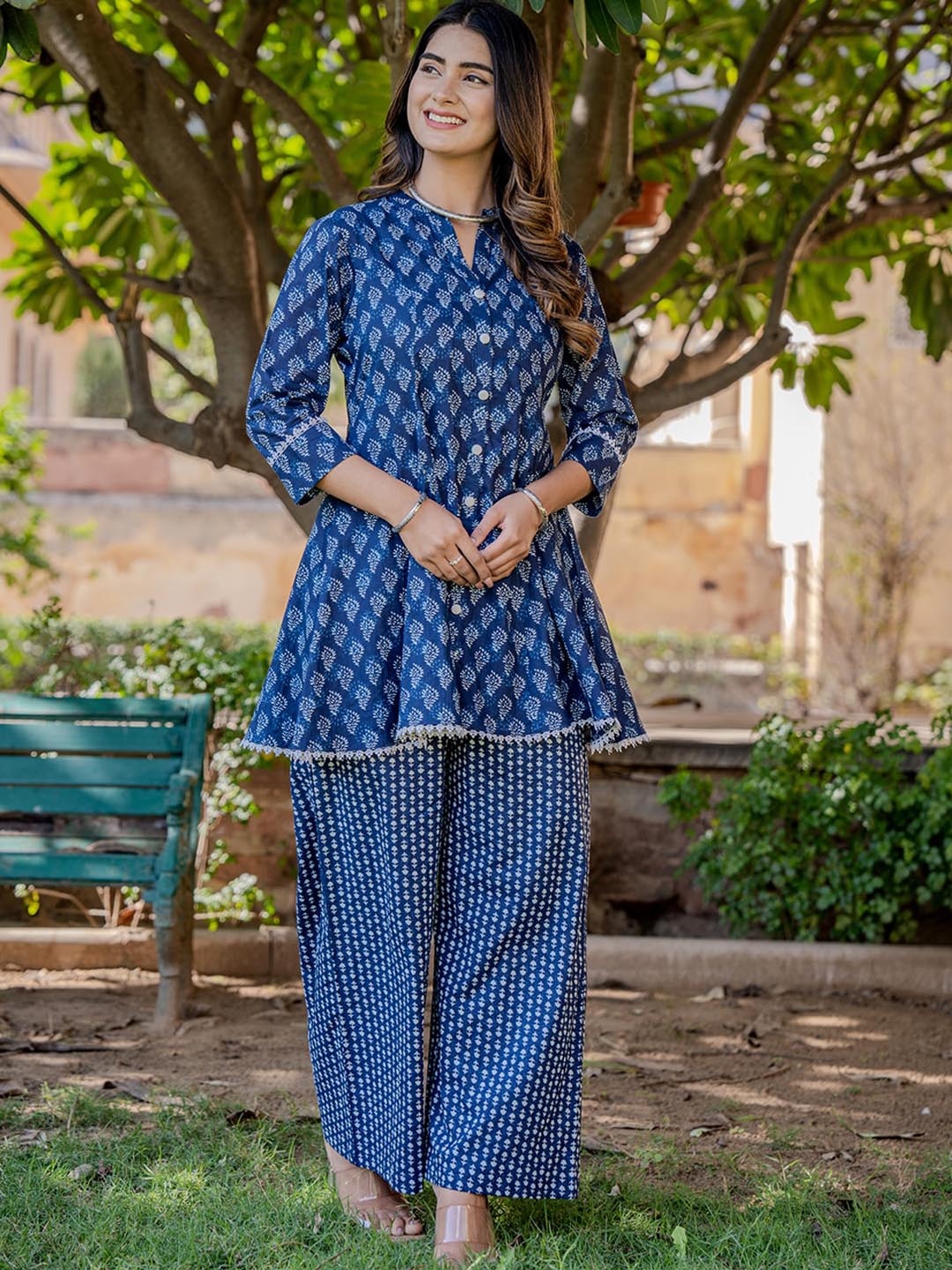 

Yufta Ethnic Motifs Printed Pure Cotton Co-Ords, Blue