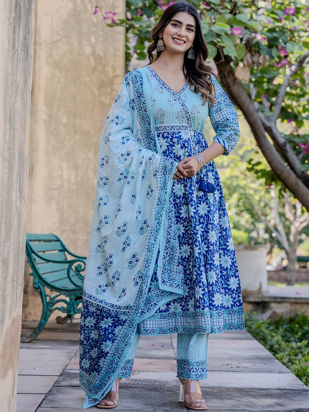 

Yufta Floral Printed Pure Cotton A-Line Kurta with Trousers & Dupatta, Blue