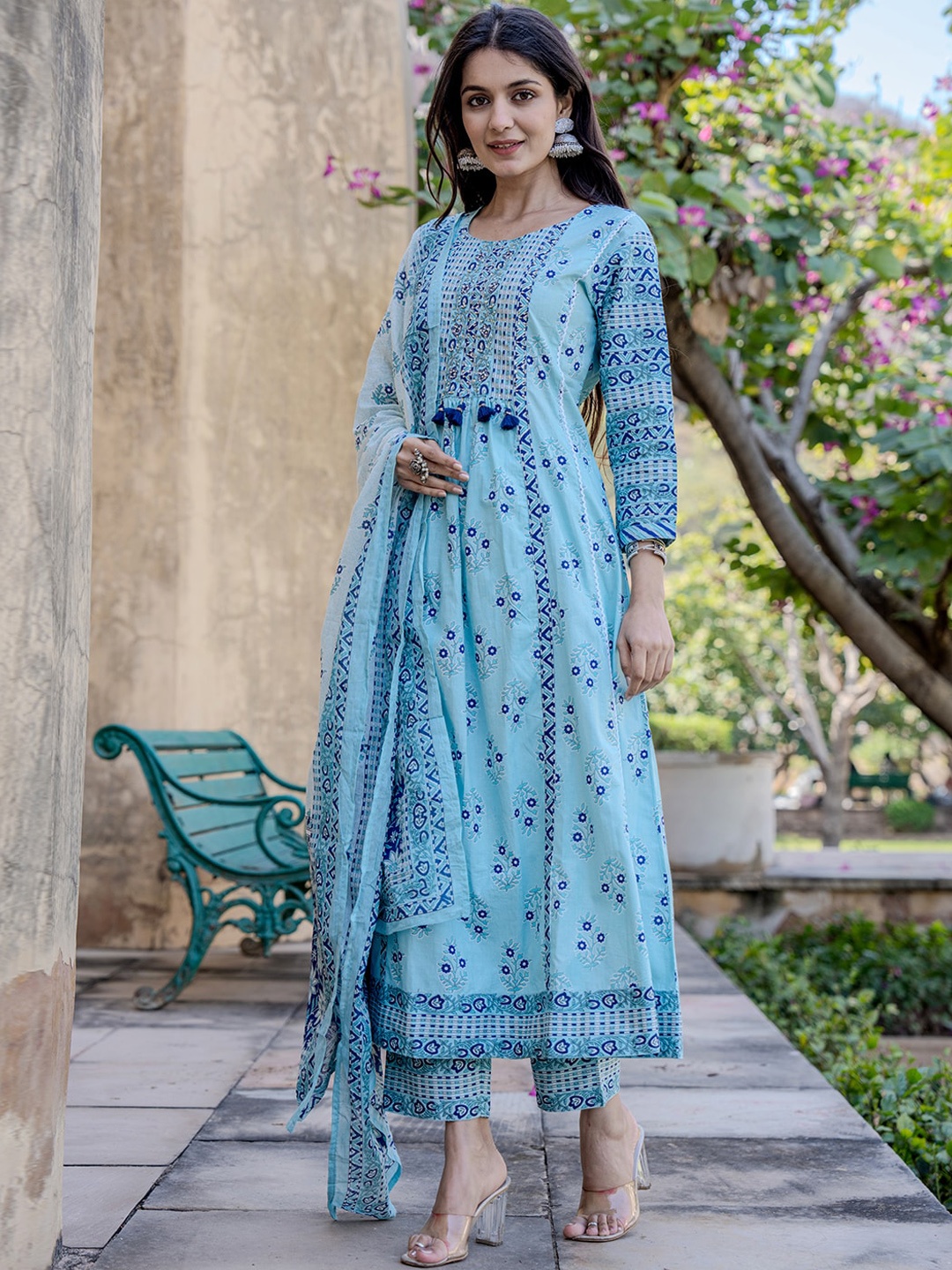 

Yufta Floral Printed Pure Cotton A-Line Kurta with Trousers & Dupatta, Blue