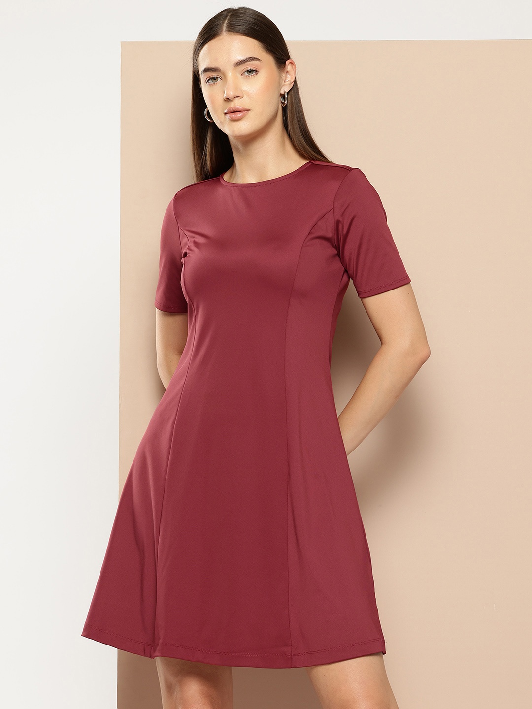

Chemistry Solid Flared A-line Dress, Maroon
