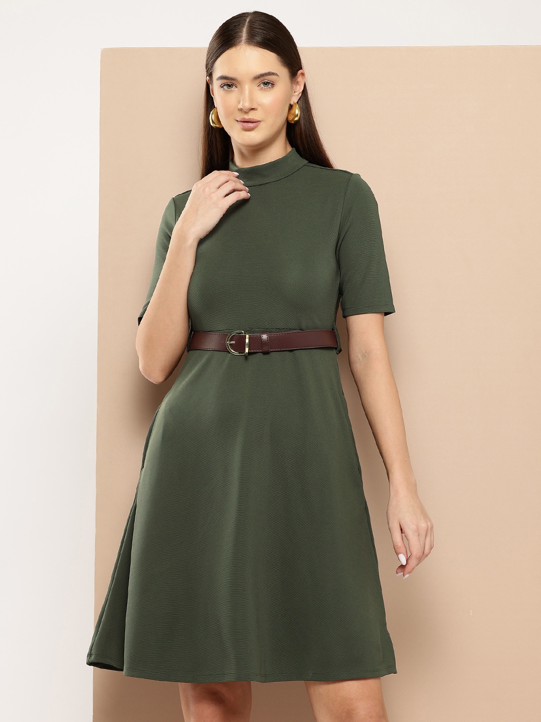 

Chemistry Military Inspired Fit & Flare Dress With a Belt, Olive