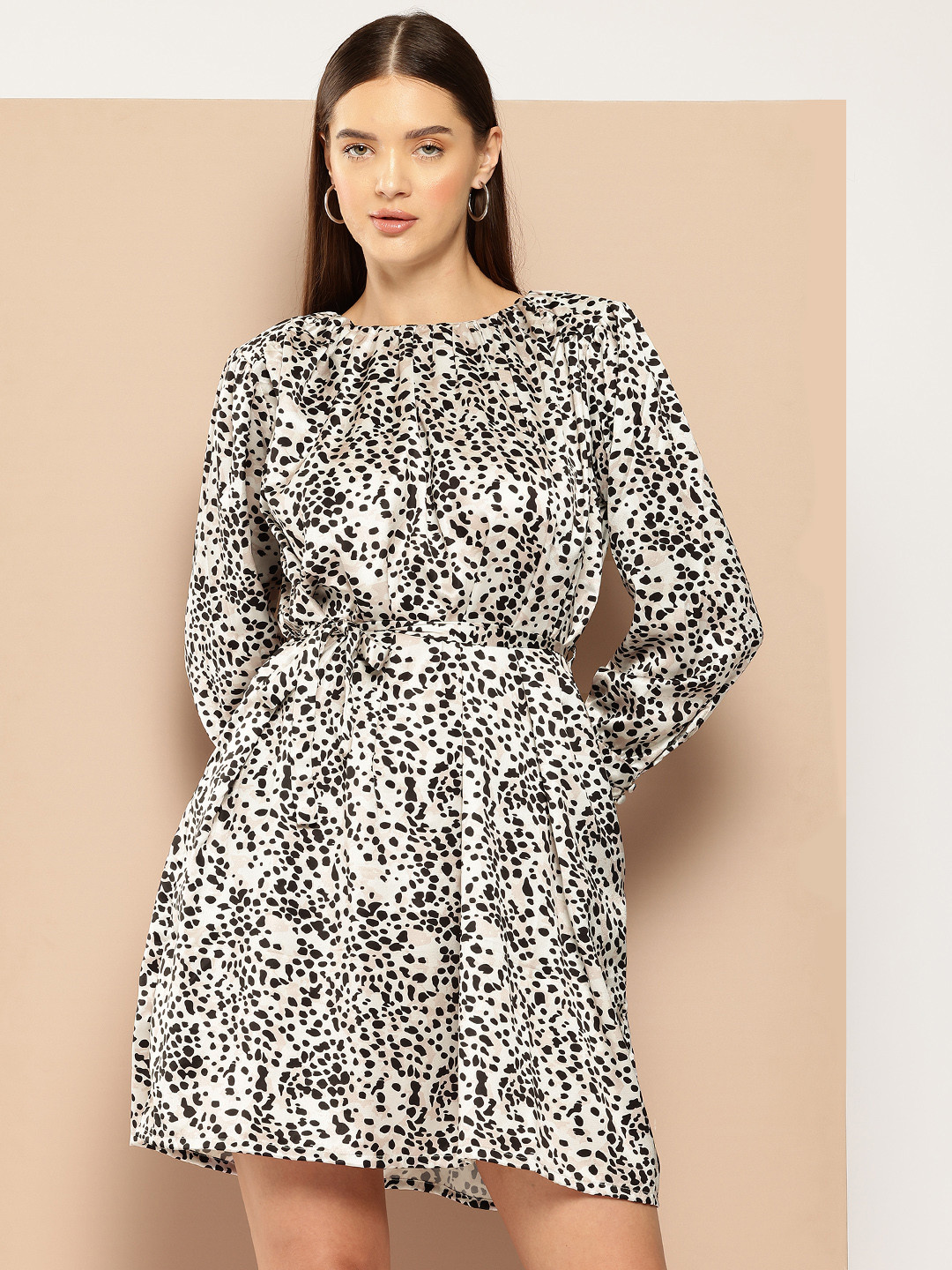 

Chemistry Animal Print Puff Sleeves A-Line Dress with Belt, Off white