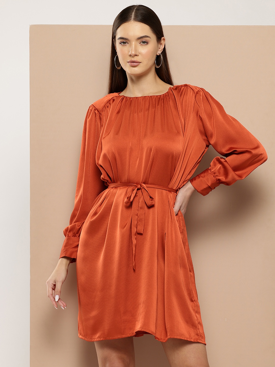 

Chemistry Satin Finish Tie-Up A-Line Mini Dress, Rust