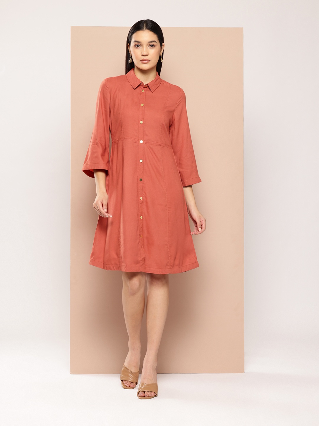 

Chemistry Bell Sleeves Shirt Style A-Line Dress, Rust