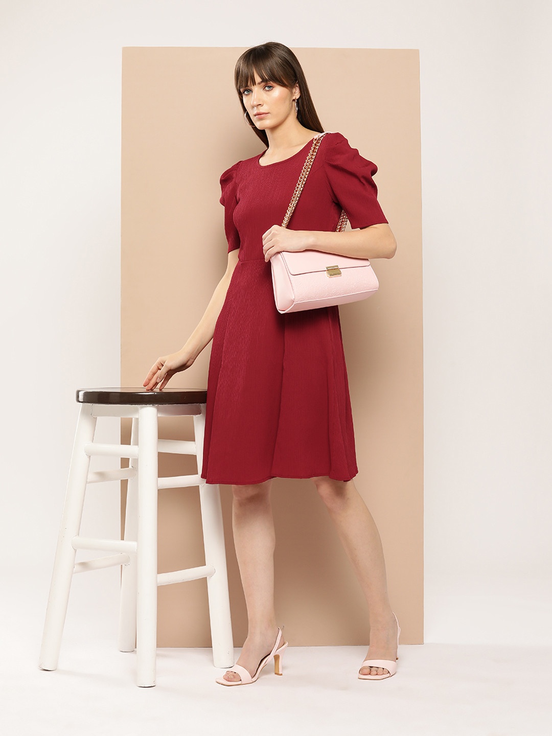 

Chemistry Puff Sleeves A-Line Dress, Maroon