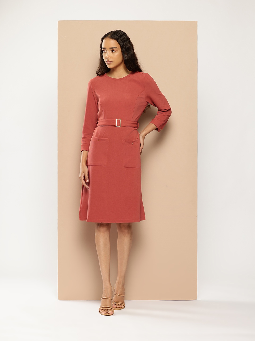 

Chemistry Pocket-Detail Belted Sheath Dress, Peach