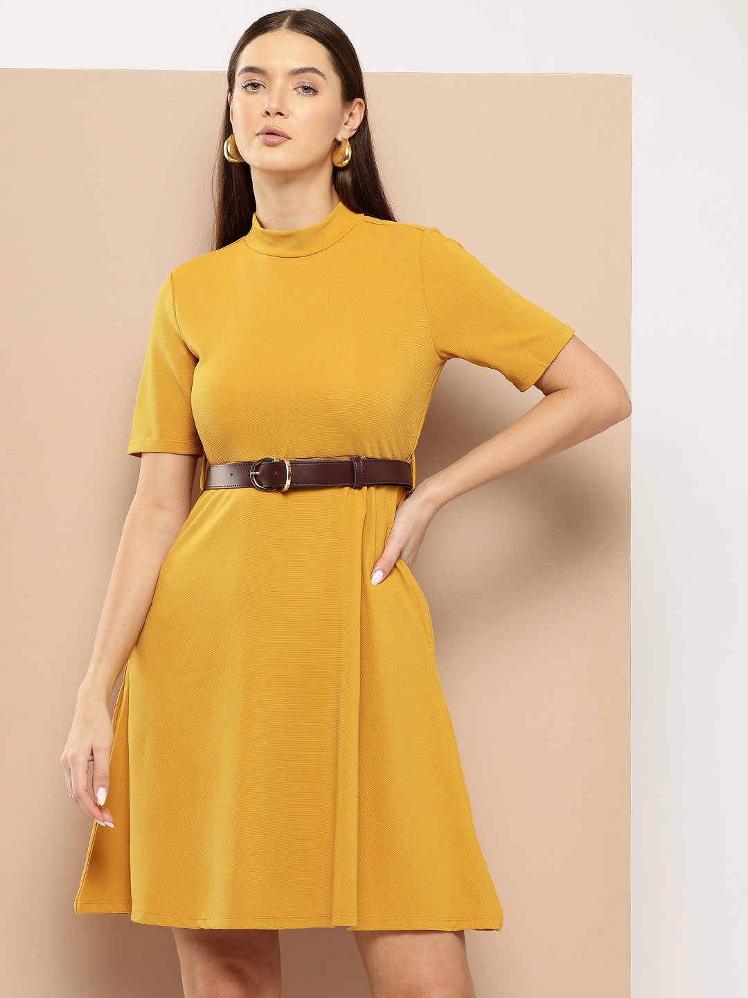 

Chemistry Fit & Flare Dress with a Belt, Mustard