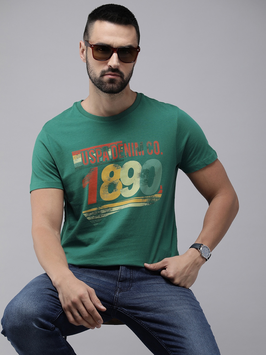 

U.S. Polo Assn. Denim Co. Men Brand Logo Printed Pure Cotton Slim Fit T-shirt, Green