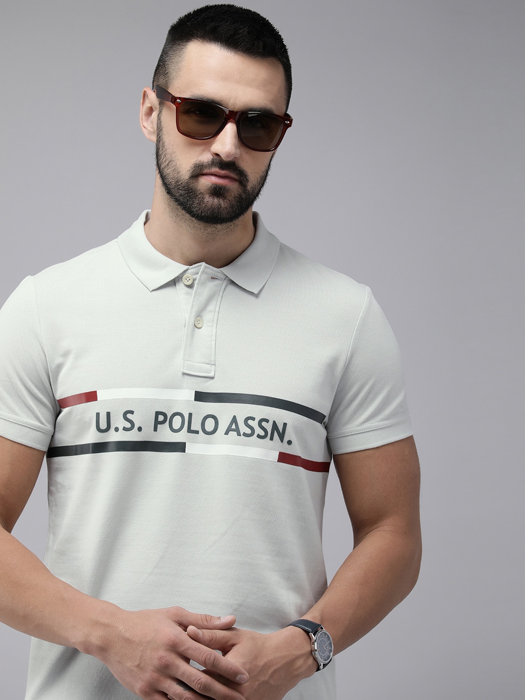 

U.S. Polo Assn. Denim Co. Men Brand Logo Printed Polo Collar Pure Cotton Slim Fit T-shirt, Grey