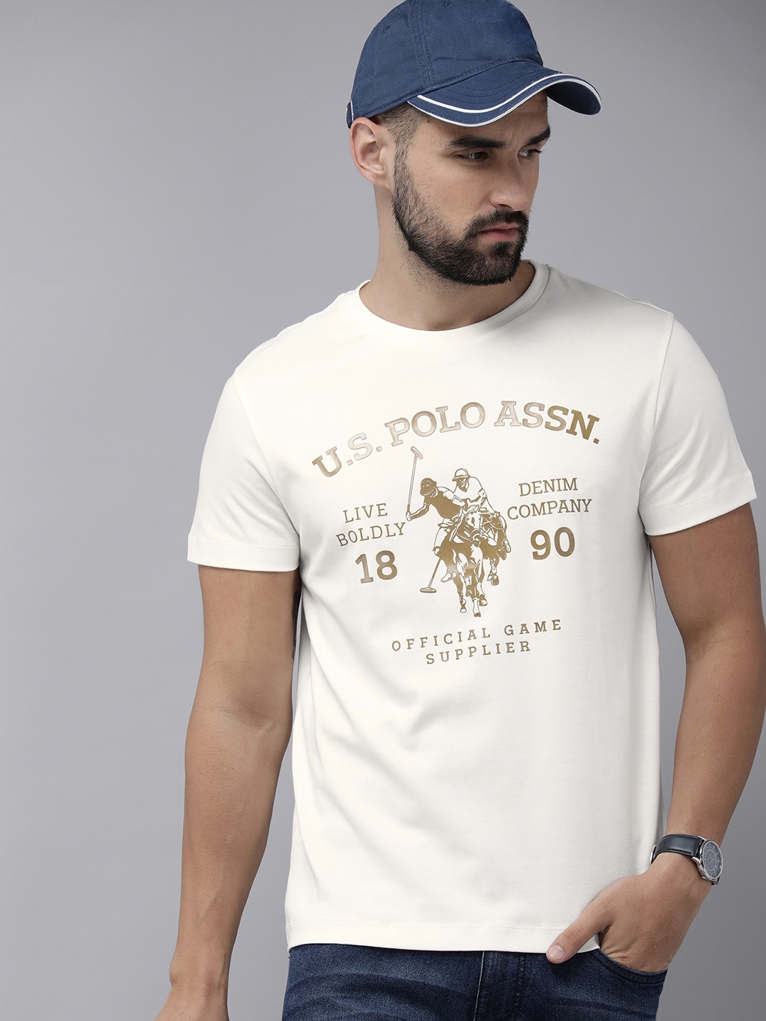 

U.S. Polo Assn. Denim Co. Men Brand Logo Printed Pure Cotton Slim Fit T-shirt, White