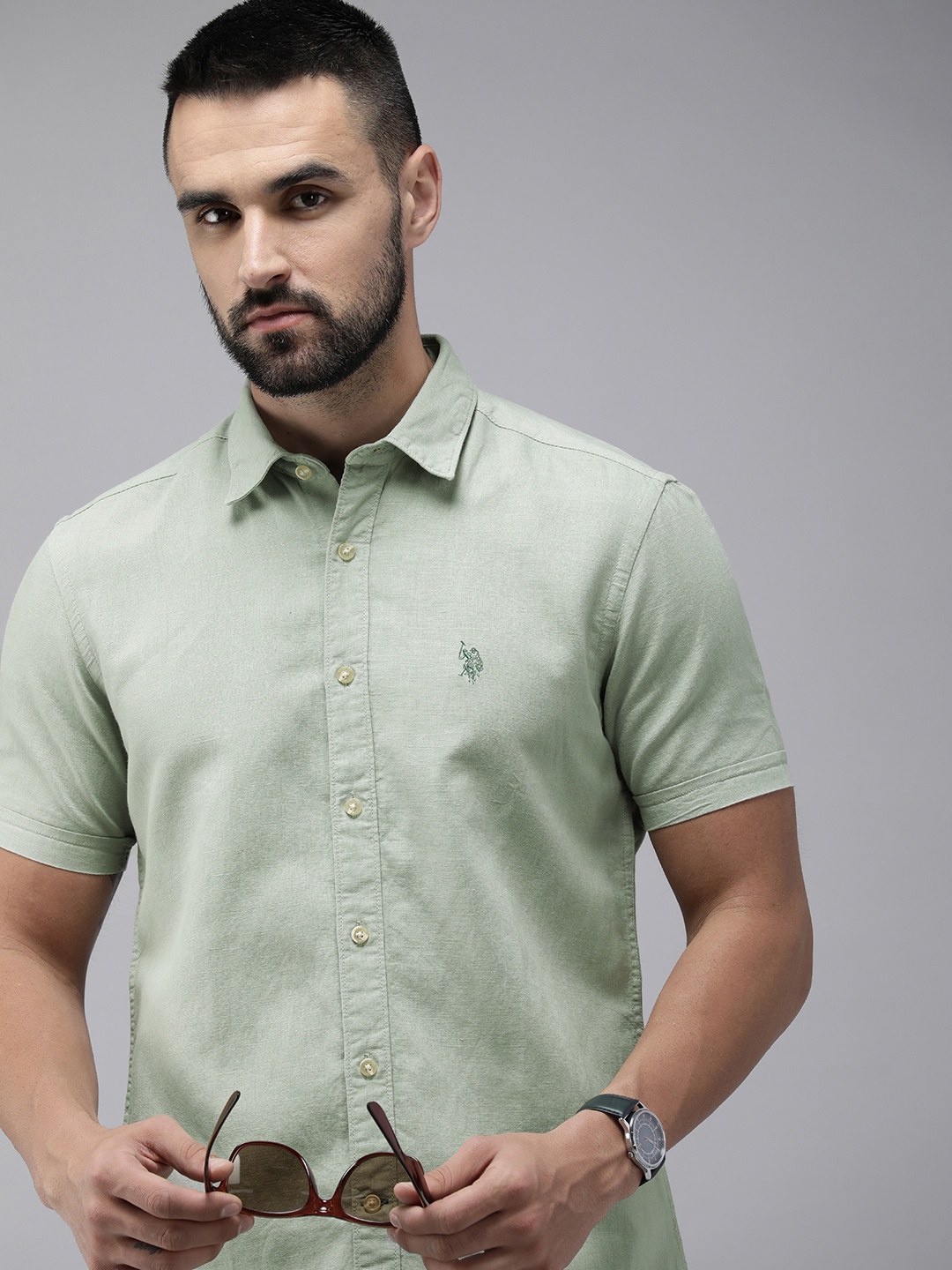 

U.S. Polo Assn. Denim Co. Linen Cotton Slim Fit Opaque Casual Shirt, Green