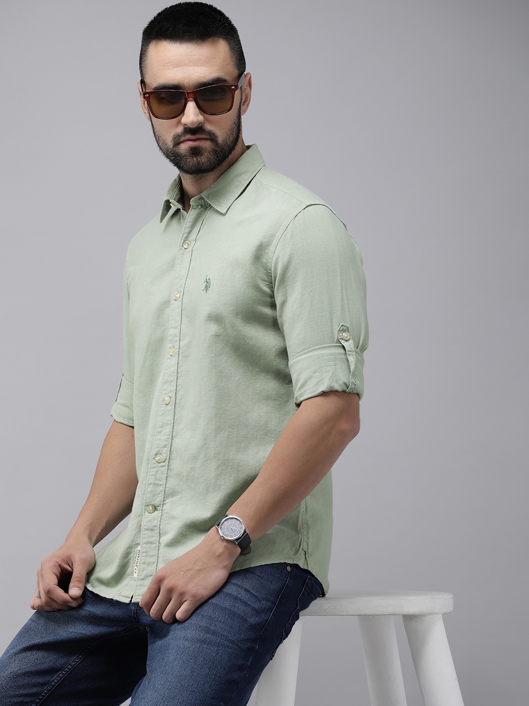 

U.S. Polo Assn. Denim Co. Linen Cotton Slim Fit Opaque Casual Shirt, Green