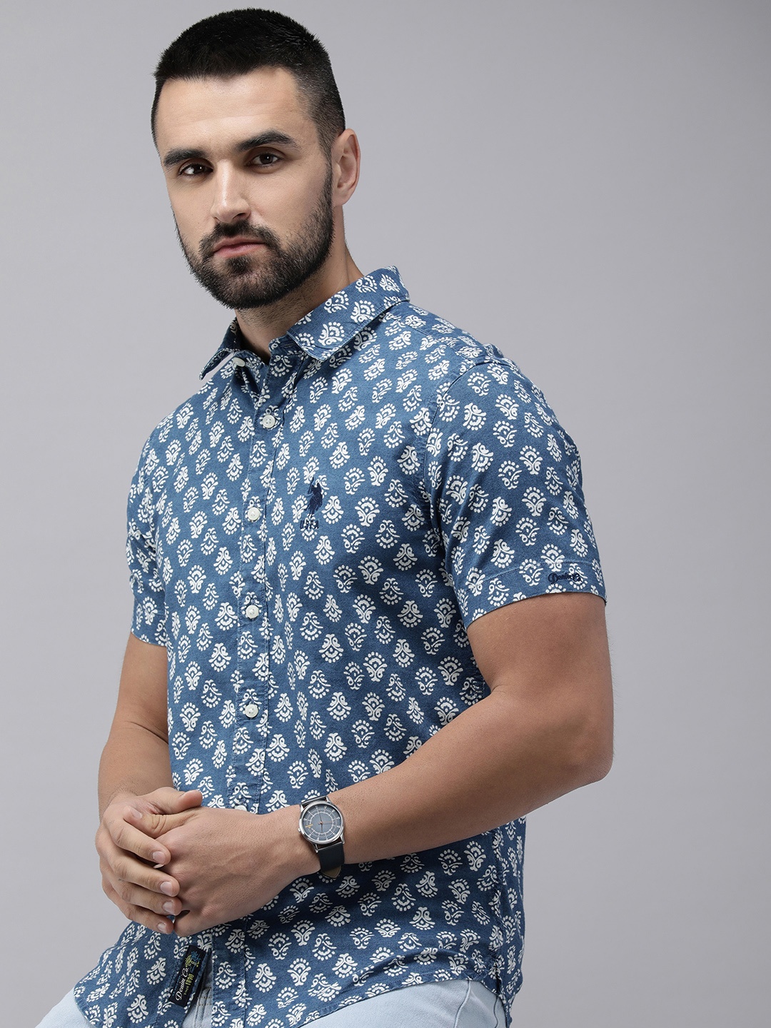 

U.S. Polo Assn. Denim Co. Slim Fit Ethnic Printed Pure Cotton Casual Shirt, Blue