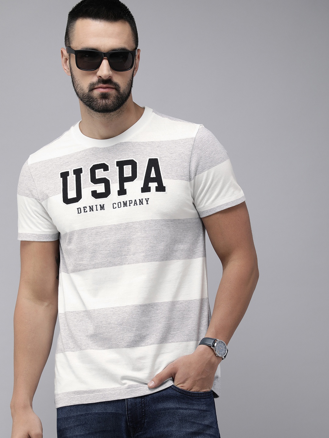

U.S. Polo Assn. Denim Co. Men Striped Pure Cotton T-shirt, Grey