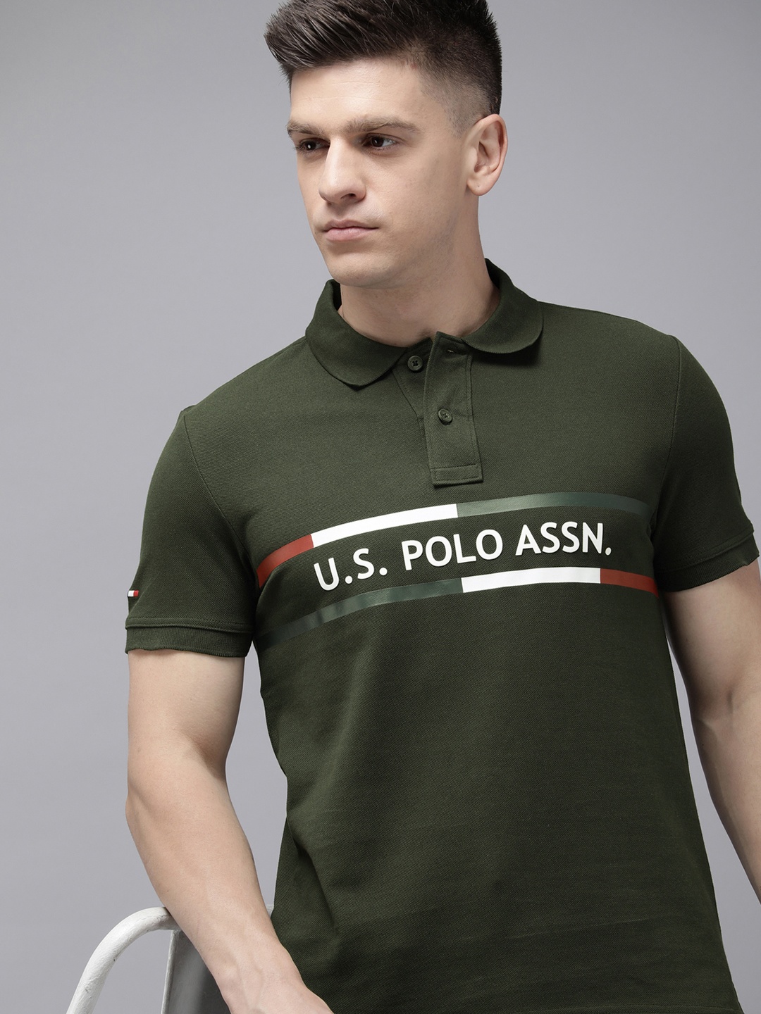 

U.S. Polo Assn. Denim Co. Brand Logo Printed Polo Collar Slim Fit T-shirt, Olive