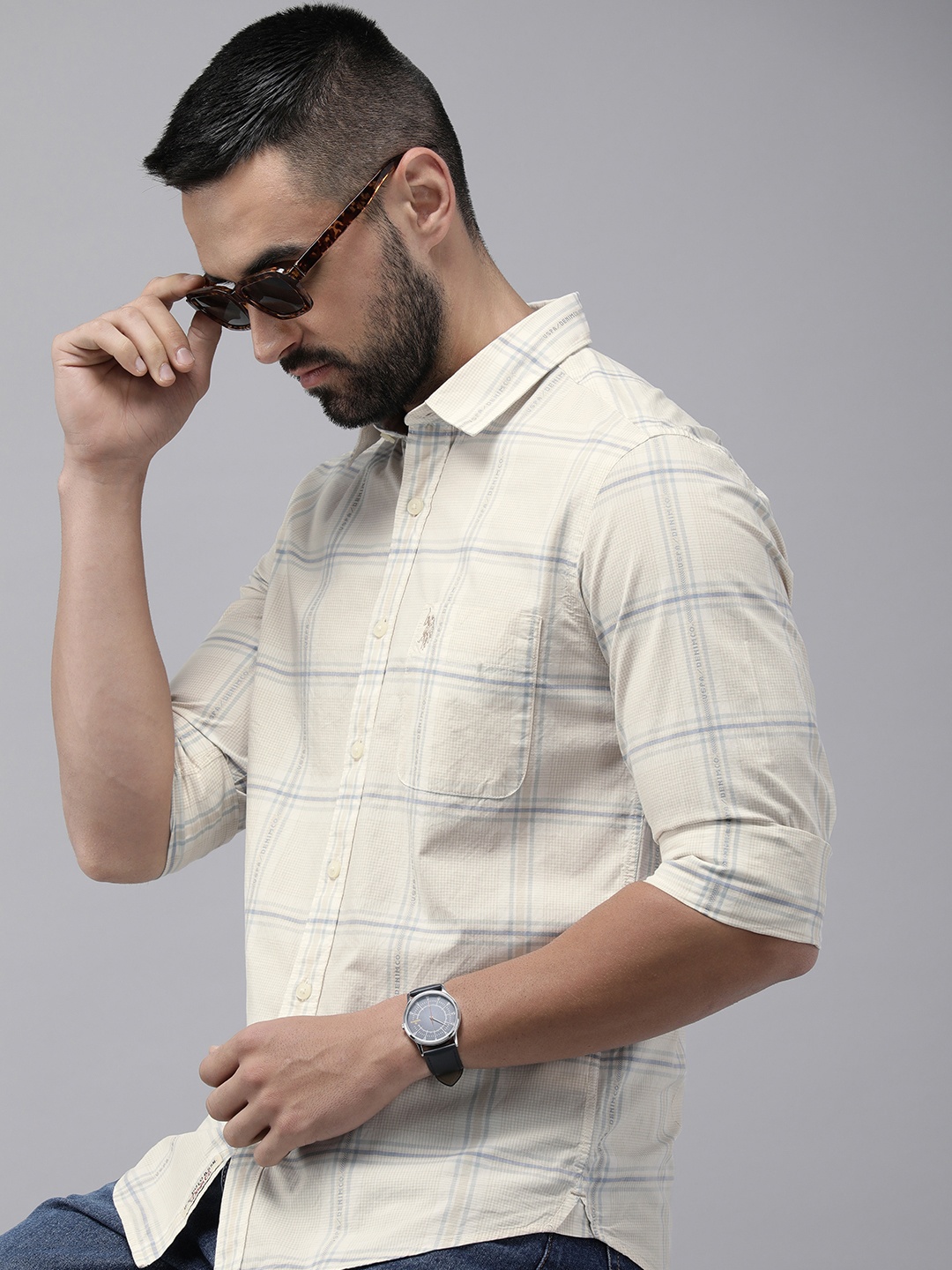 

U.S. Polo Assn. Denim Co. Pure Cotton Slim Fit Checked Casual Shirt, Beige