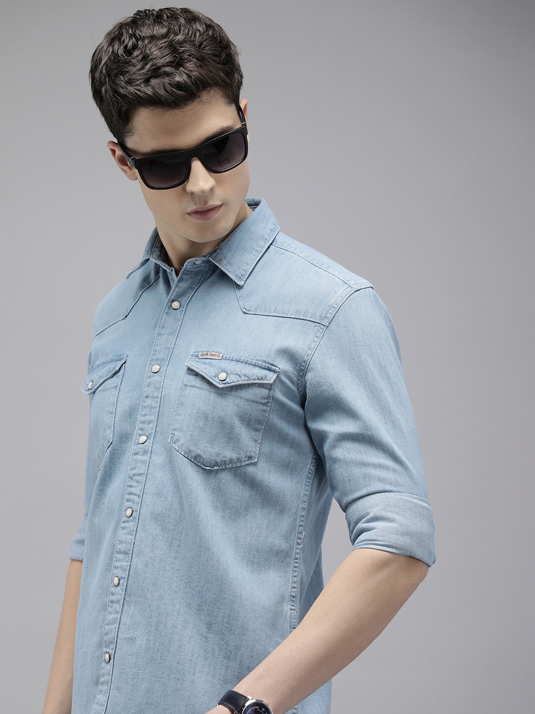 

U.S. Polo Assn. Denim Co. Pure Cotton Chambray Slim Fit Opaque Casual Shirt, Blue