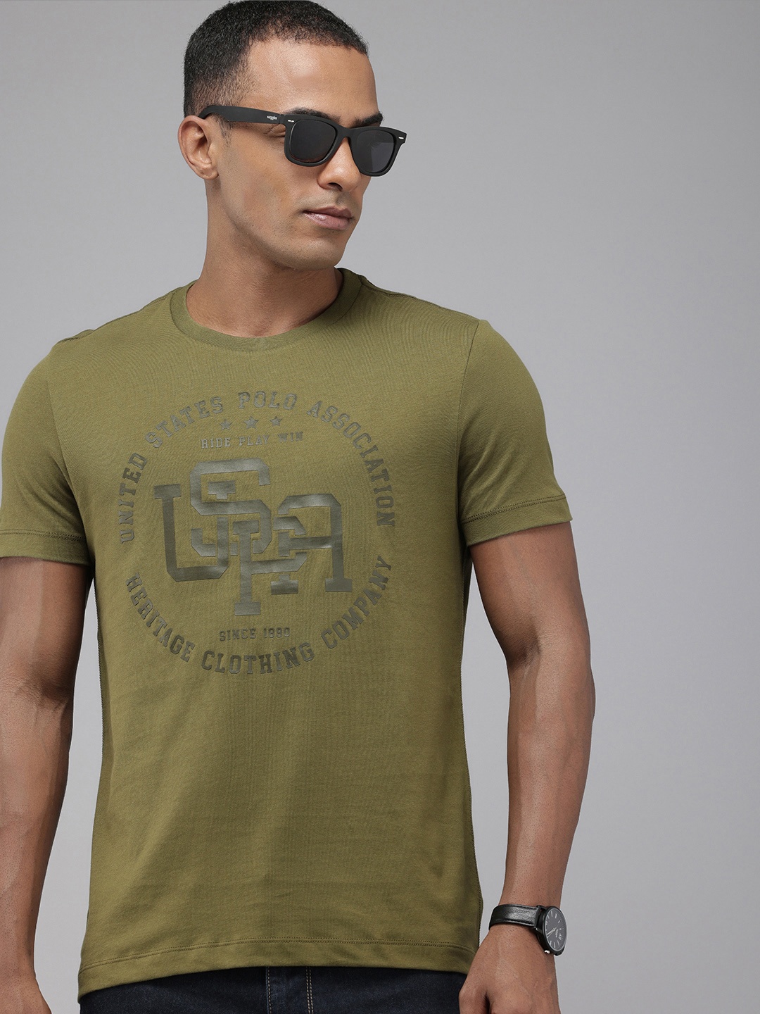 

U.S. Polo Assn. Denim Co. Pure Cotton Brand Logo Printed Slim Fit T-shirt, Olive