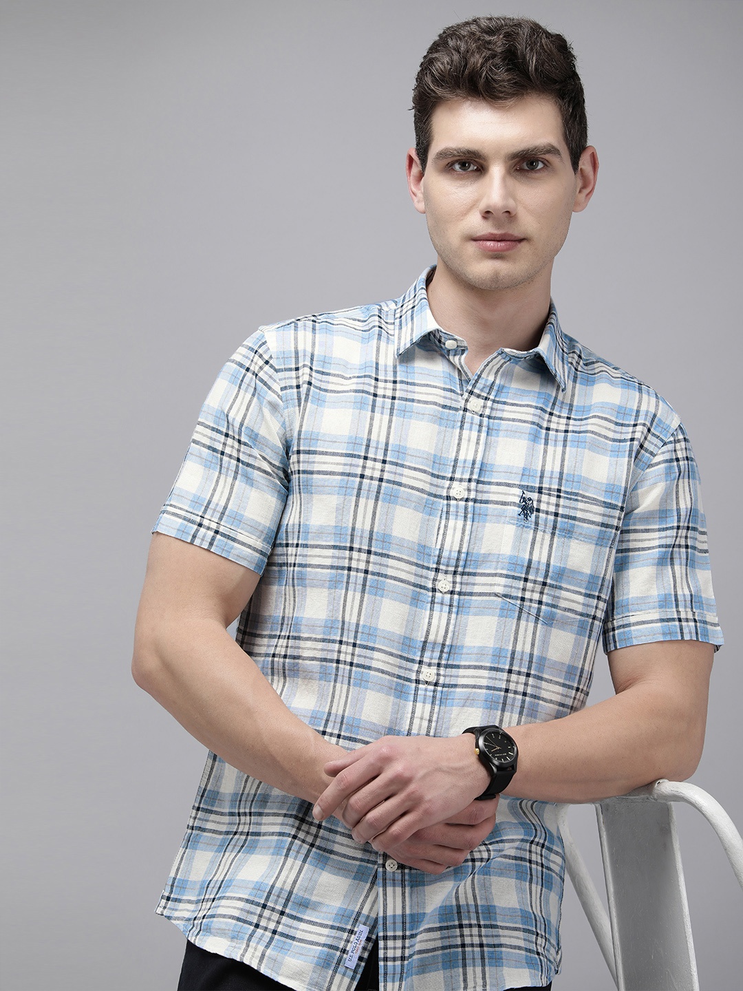 

U.S. Polo Assn. Linen Cotton Tailored Fit Tartan Checks Opaque Casual Shirt, Blue