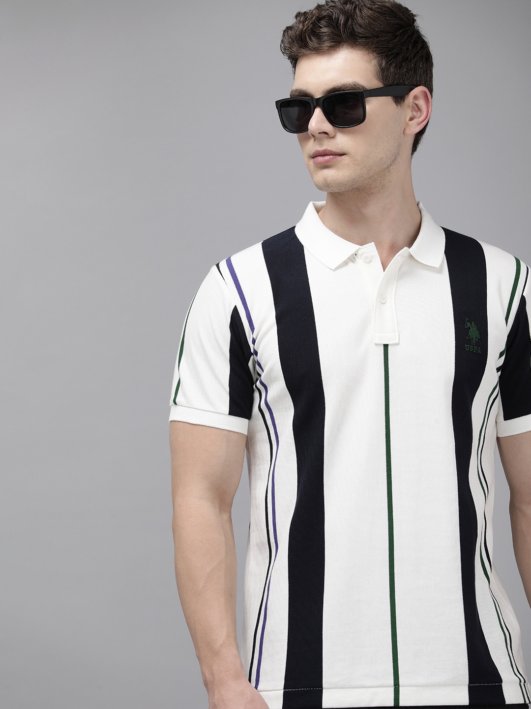 

U.S. Polo Assn. Men Striped Polo Collar Pure Cotton Slim Fit T-shirt, White